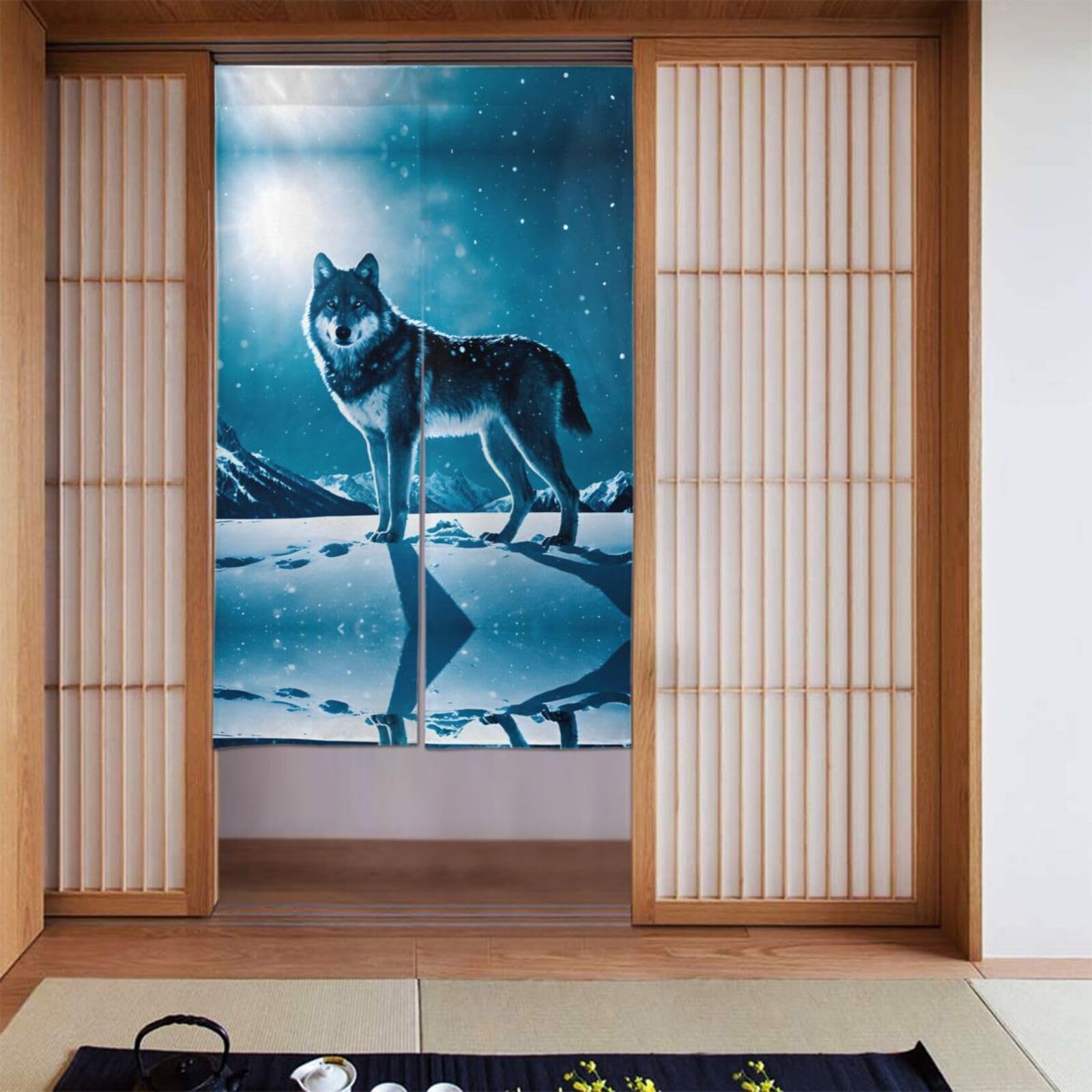 Rideaux loup enneigé pour créer un coin bureau cosy dans le salon