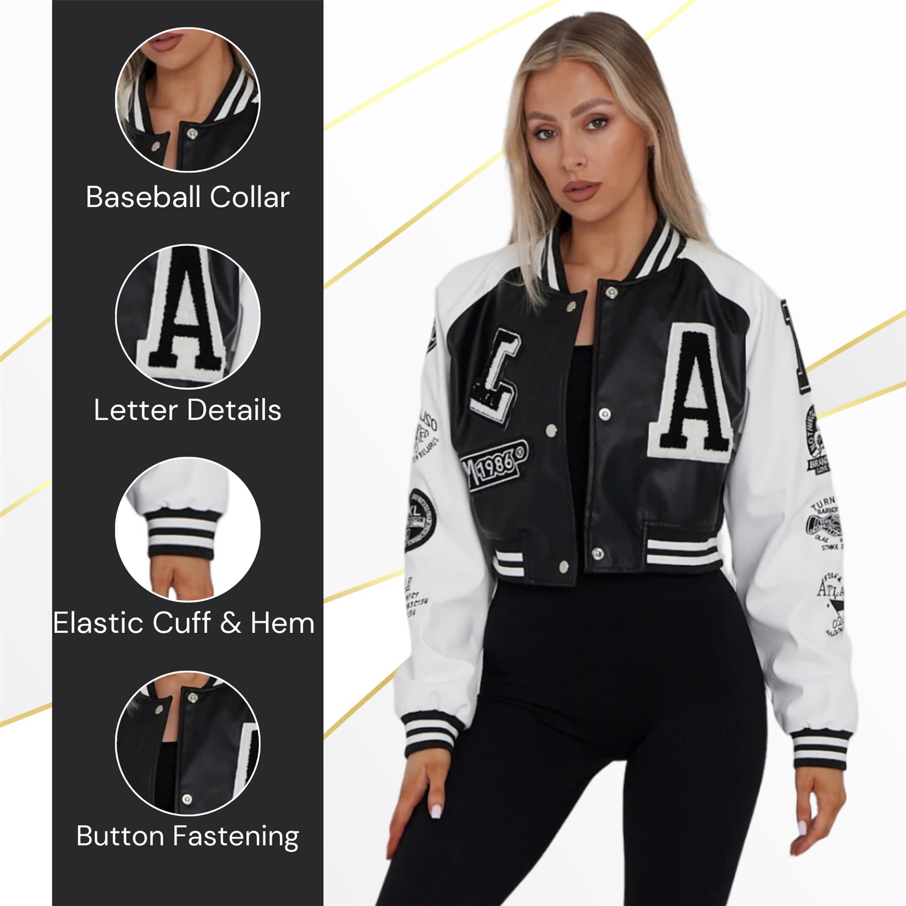 janisramone Cropped-Lederjacke für Damen mit Buchstaben-Details an Armen und Vorderseite, Kunstleder-Bomberjacke für Sport und Freizeit