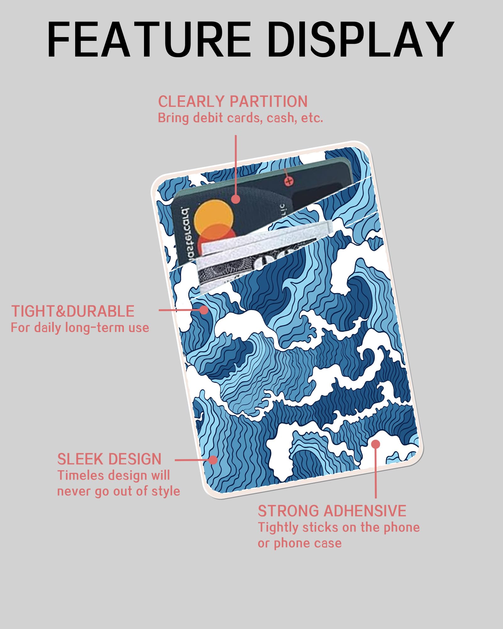 Dual Pocket Leder Handy Wallet Adhesive Stick On, Cute Card Holder Credit Card Holder for Phone Case, Niedliches blaues Meer, Minimalistisch