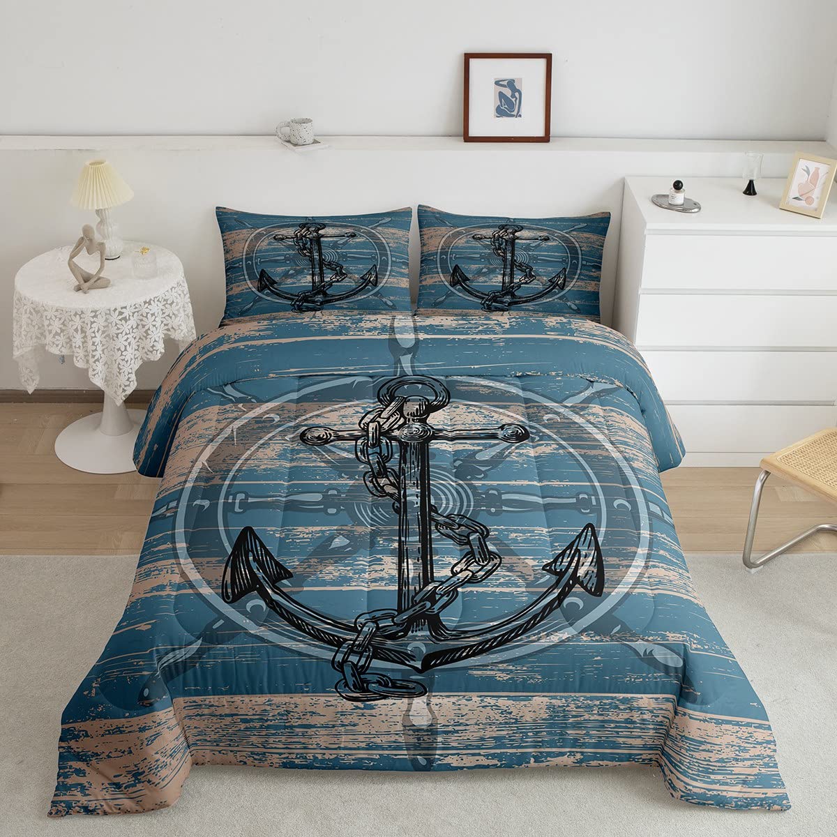 Homemissing Black Anchor Bedding Set Nautical Comforter Set for Kids Boys Girls Navy Blue Wooden Plank Down Comforter Sea Adventure Inner Fill Duvet Insert/Quilt Set King Size
