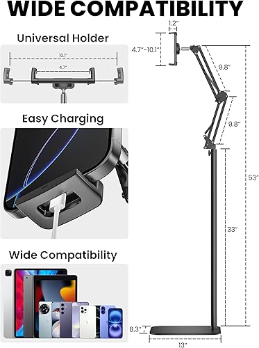 Miniatura 5 de Soporte de piso para tableta, soporte de metal giratorio de 360 grados, soporte para iPad de altura y ángulo ajustables, soporte universal para