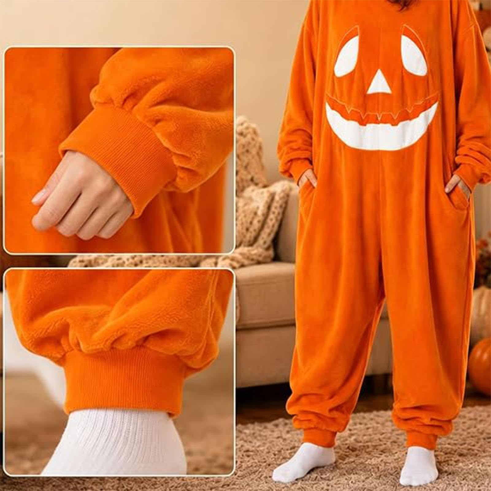Dyniowy kombinezon Śmieszny luźny kostium z kapturem z długim rękawem | Halloweenowy pluszowy kostium cosplay Dla Dorosłych Kobiet I Mężczyzn Indoor Maskarada Impreza Teatralna Domowe Przebieranki