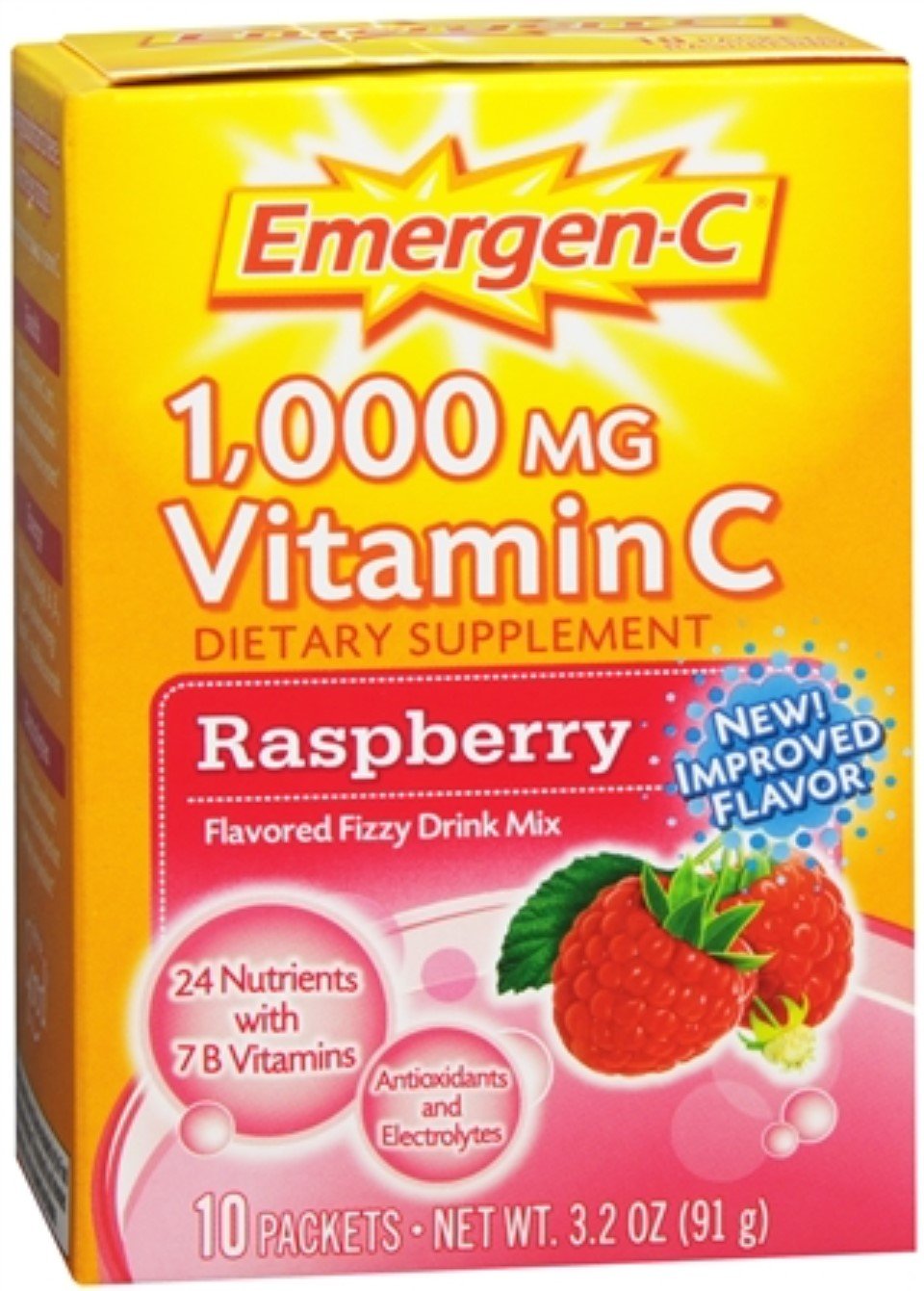 Emergen-C Dietary Supplement with 1000mg Vitamin C (Raspberry Flavor, 10-Count 0.32 oz. Packets, Pack of 3)