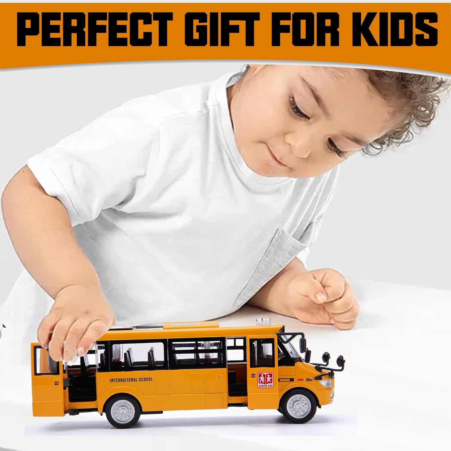 AYEBIA School Bus Toy, Die Cast Pull Back 9'' Model Cars, with Lights & Sounds, Openable Doors, Large Yellow Metal Toy Vehicles, Play Bus for Boys Girls Kids Toddlers Ages 3+