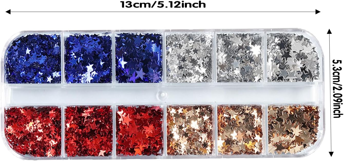 4th of July Nail Art Glitters Sequins 3D Holographic Star Nail Sequins Red Blue White Nail Glitter Independence Day Nail Stickers Flakes Design Confetti Nail Decoration Accessories 12 Grids