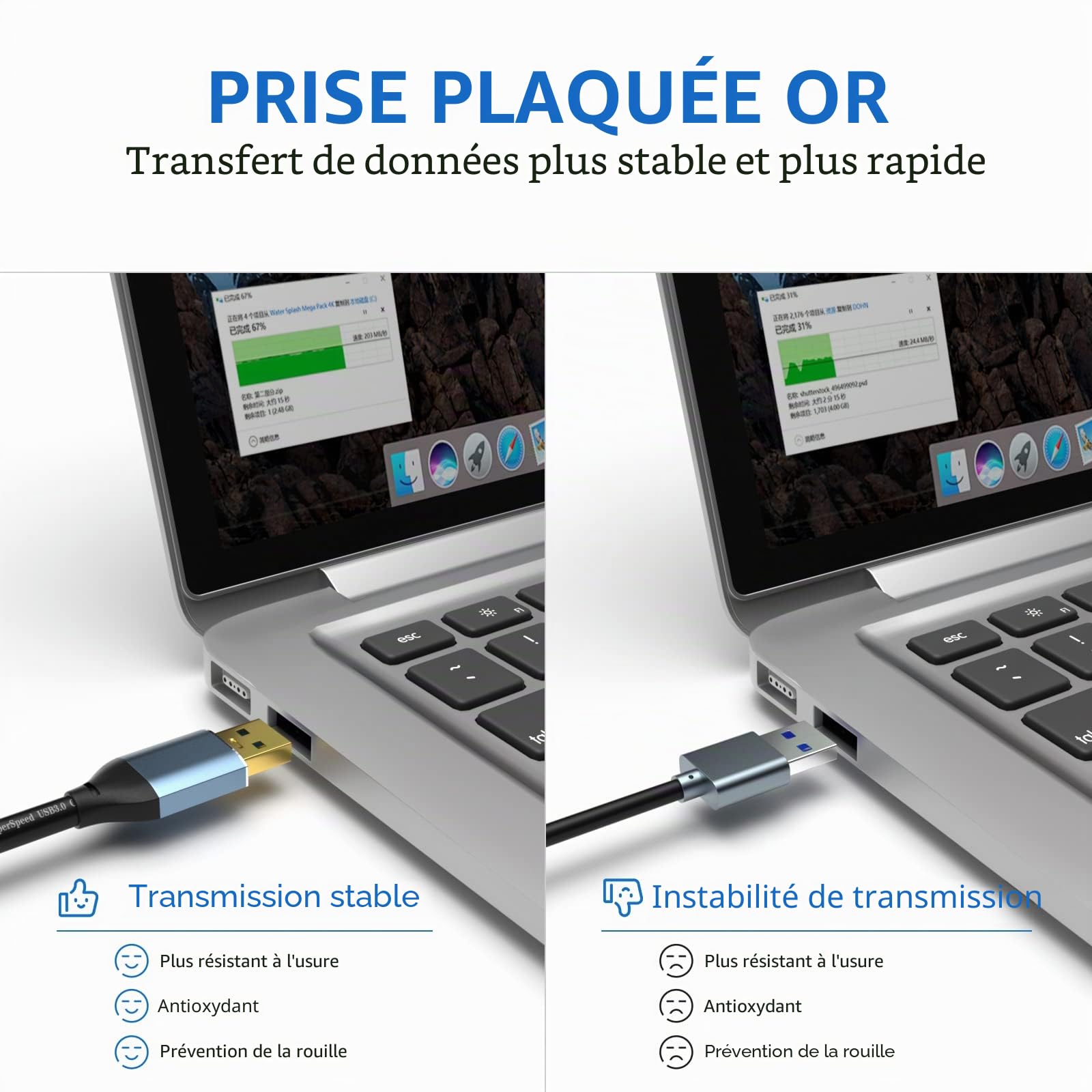 Câble d'extension USB 3.0 10 m, type A mâle vers femelle, actif avec 2 puces, amplificateur de signal et 1 port de charge USB-C, pour webcam, hub USB, Playstation, imprimante, appareil photo