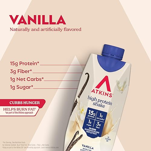 Miniatura 3 de Atkins Batido cremoso de vainilla alto en proteínas, 15g de proteína, bajo índice glucémico, bajo en carbohidratos y bajo en azúcar, apto para keto,