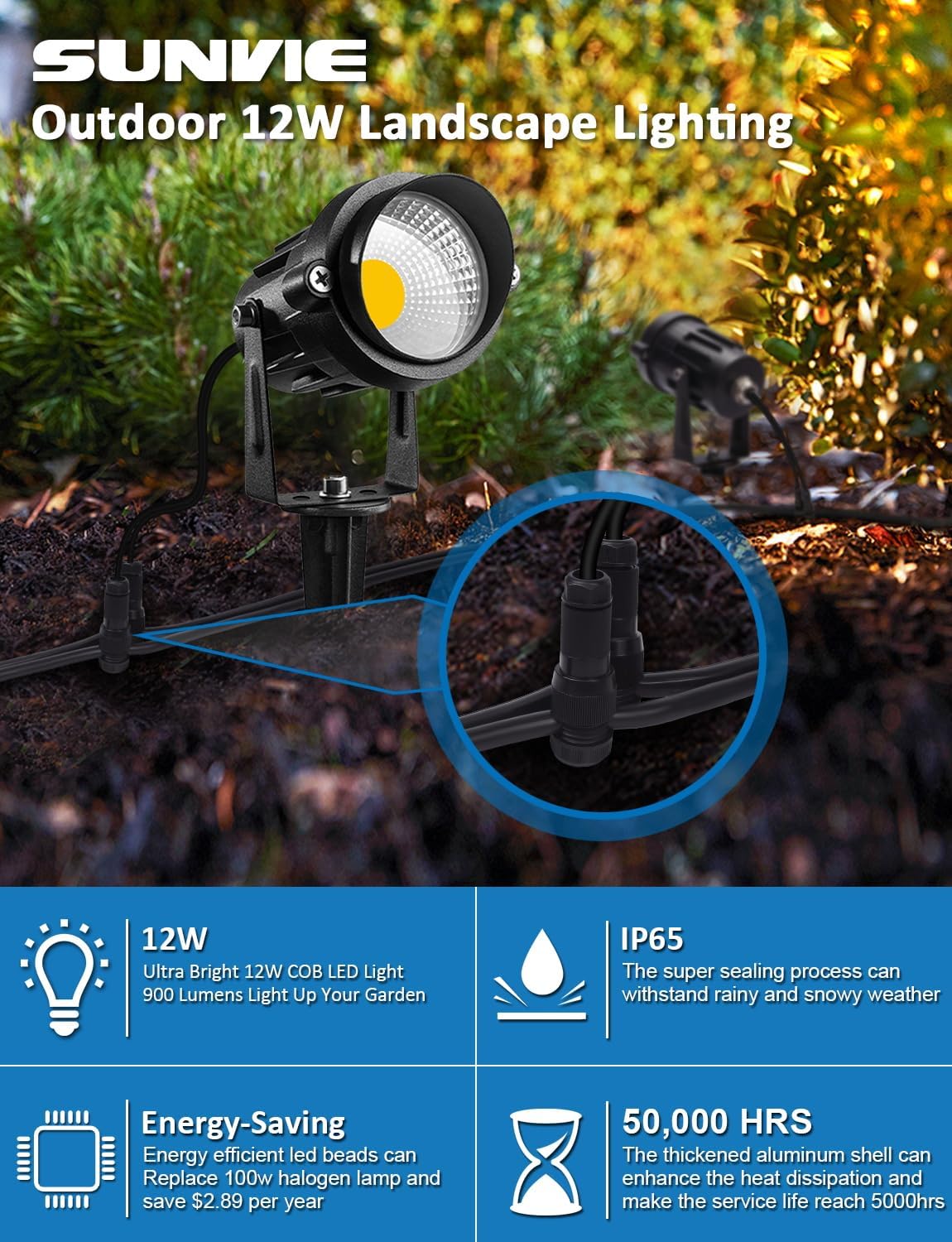 SUNVIE 12W Low Voltage LED Landscape Lights with Connectors Outdoor 12V Super Warm White 900LM Waterproof Garden Pathway Lights Wall Tree Flag Spotlights with Spike Stand 10 Pack with Connect product thumbnail 8