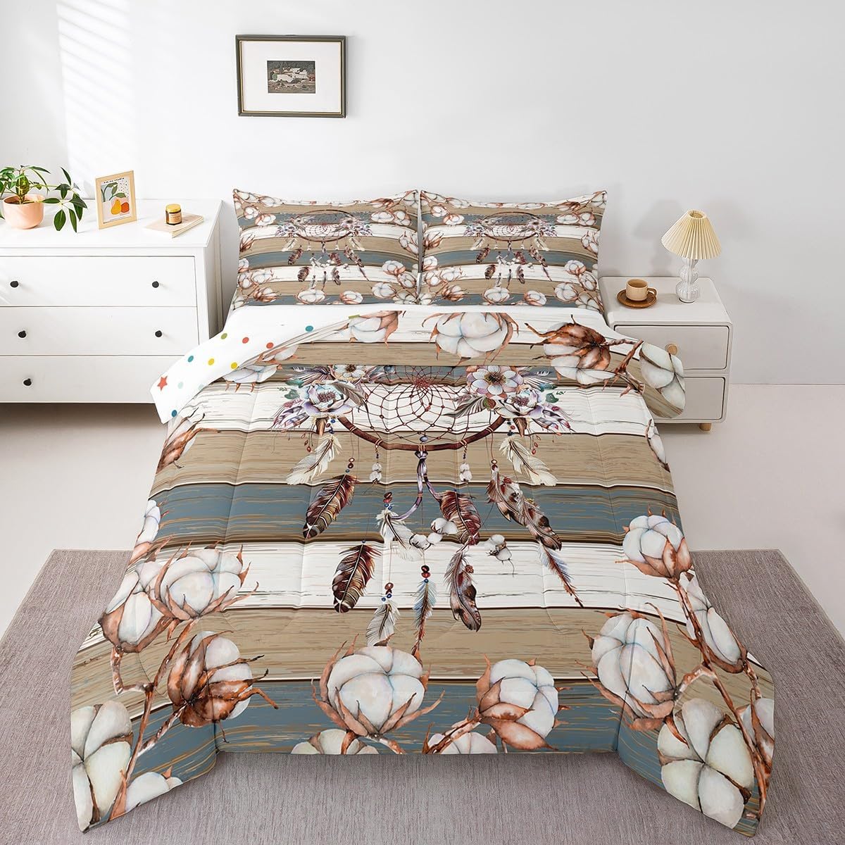 Dream Catcher 3 Pcs King Size Comforter Set,Rustic Cotton Bohemia Down Alternative Adults Bedroom Decor,Farmhouse Barn Door Stripe Ultra Soft Microfiber Inner Fill 3Pcs Bedding