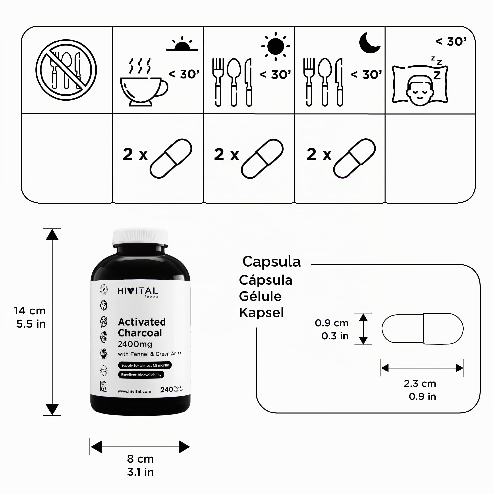 Carbone Attivo 2400 mg. 240 capsule vegane per più di 1 mese di trattamento. Carbone Attivo Vegetale di Guscio di Cocco con Finocchio e Anice Verde. Prodotto in Europa da HIVITAL
