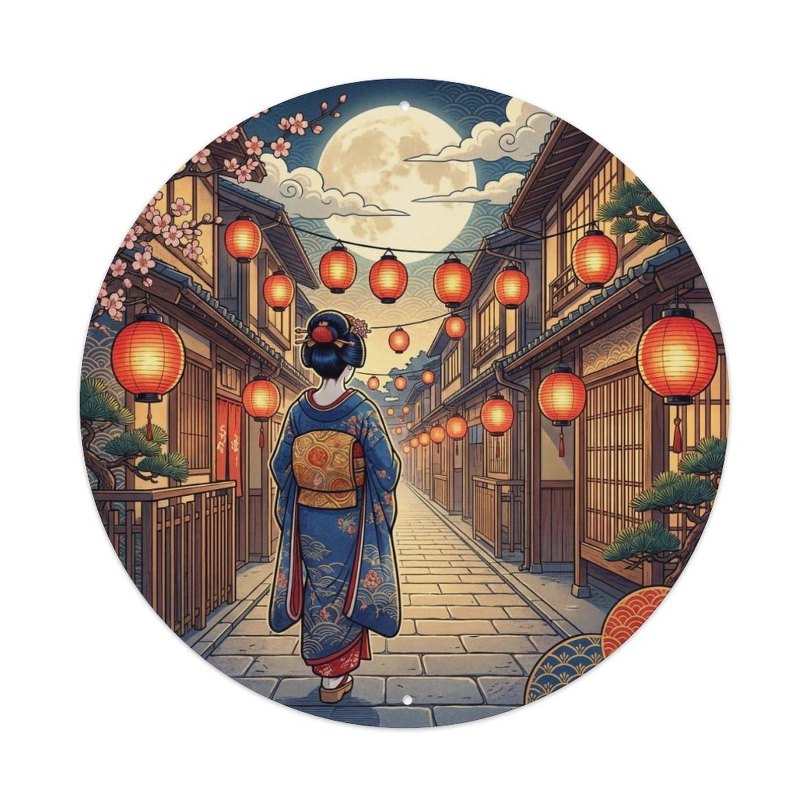 Yrnq 8X8inch Vintage Style Japanese Kimono Lady Lantern Street Night Classic Scene Metal Tin Sign