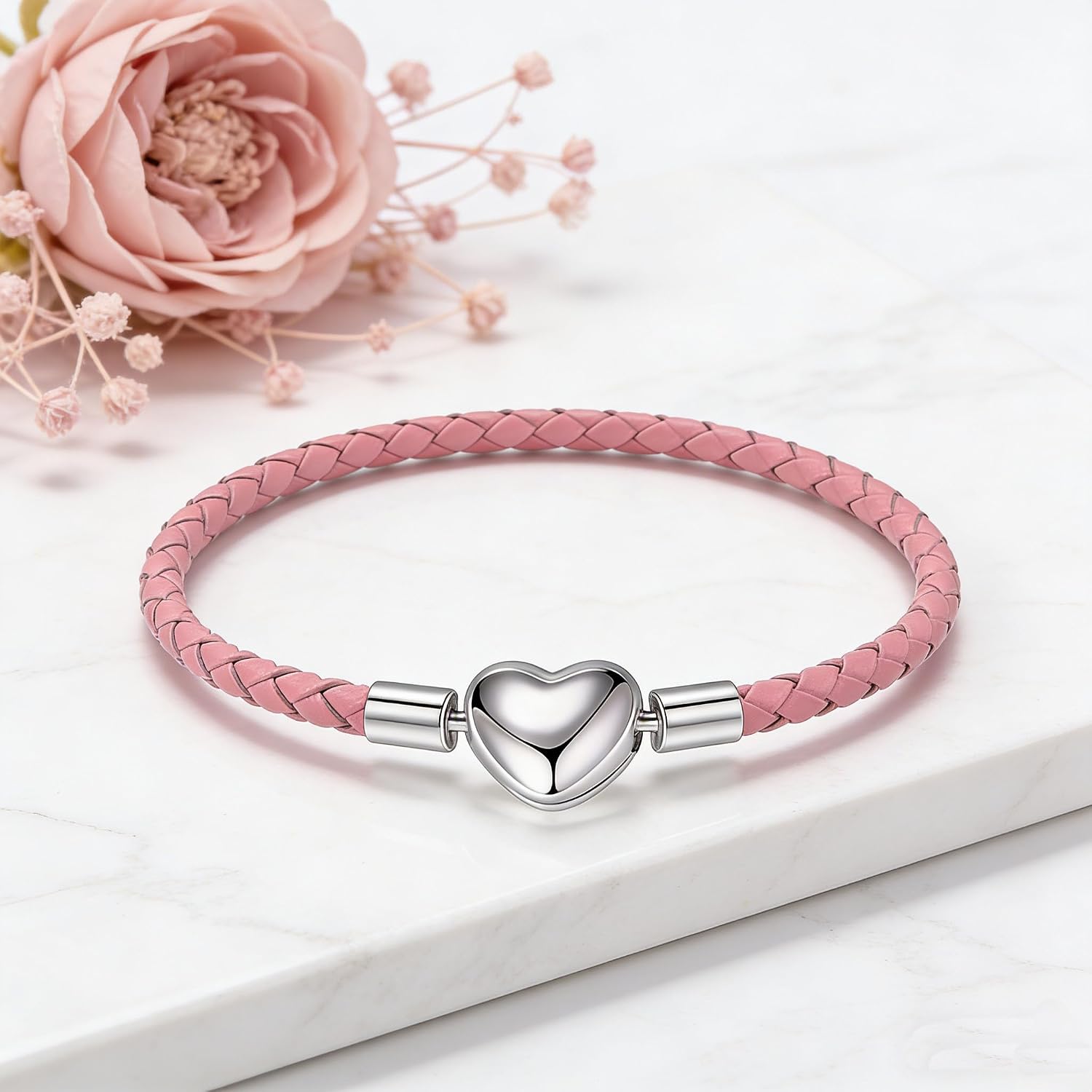Braided 3mm Leather Heart Barrel Snap Clasp Handmade Charm Bracelet Bangle for Women & Ladies Compatible with Pandora Charms