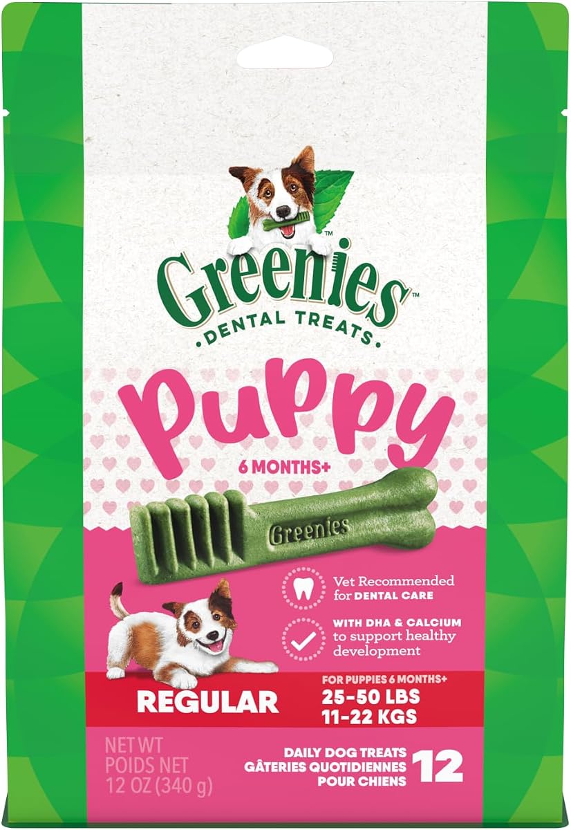Greenies Puppy Golosinas dentales naturales regulares para perros, sabor original, 12 unidades | Recomendado por veterinarios, clínicamente probado, para cachorros a partir de 6 meses, limpia hasta la línea de las encías, DHA y calcio, golosinas para cachorros, perros de 25 a 50 libras
