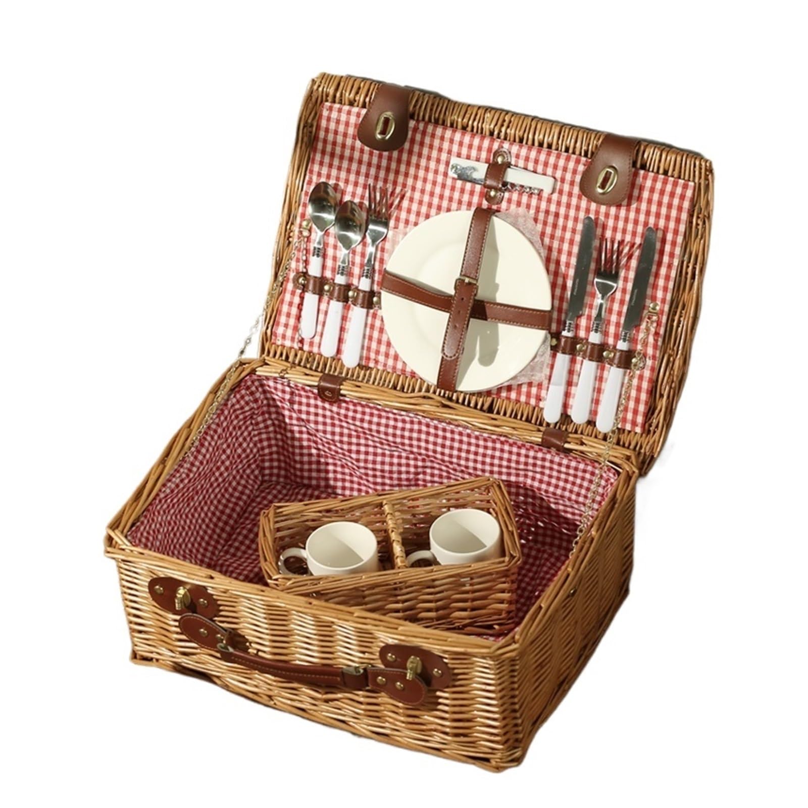 Caja de Picnic Hecha a Mano, Caja de Picnic, Cesta con Cubiertos, Cesta de ratán, Cesta de Almacenamiento, Accesorios de Picnic, Camping al Aire Libre, Juego Completo(Yellow)