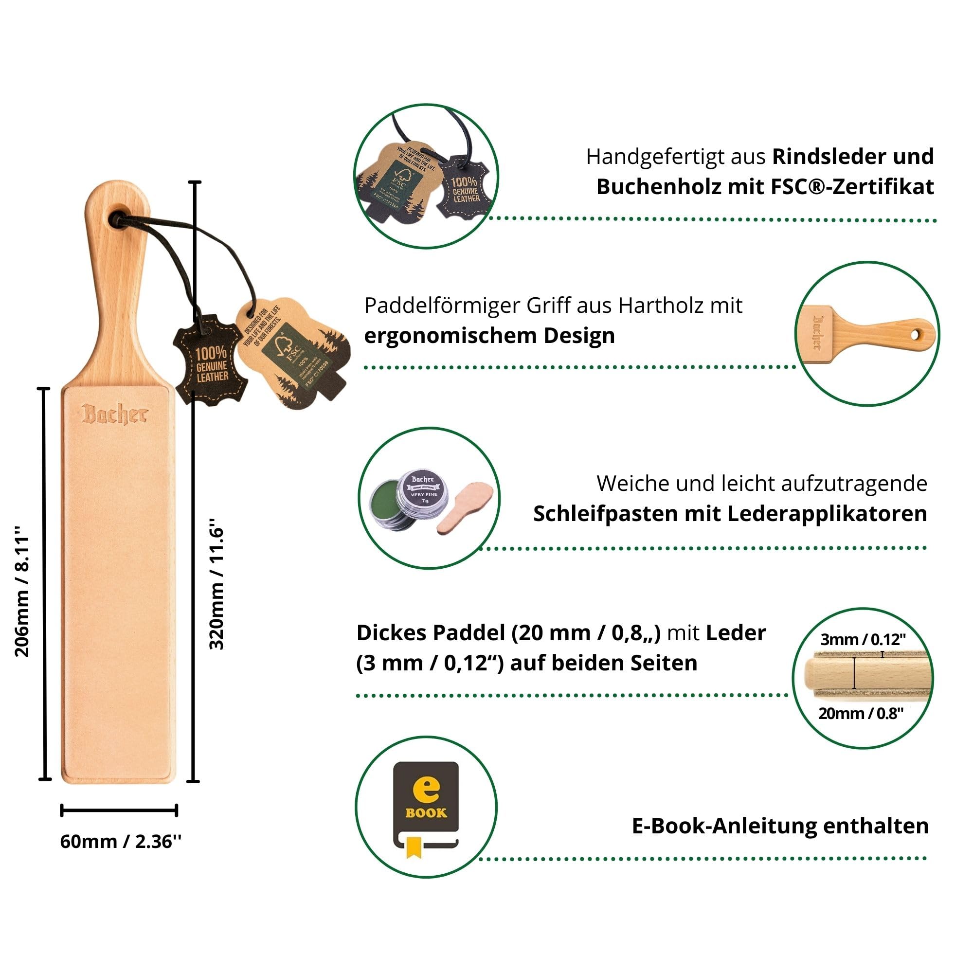 Bacher Premium Leder Streichriemen Abziehleder für Messer set mit 4 x 7g Polierpaste. Paddelgriff aus Hartholz, mit 1/8" starkem, rindengegerbtem Rindleder bezogen