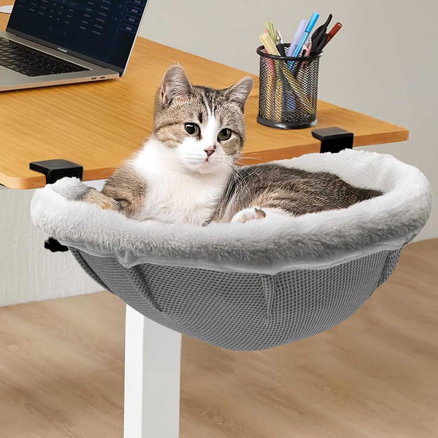 Lilyang Large Cat Desk Bed – Sunken Cat Hammock, 19.5″x15″ Spacious Nest, Secure Bed with Dual Clamps & Steel Frame, Supports Up to 50 lbs, Reversible & Washable Bed Cover