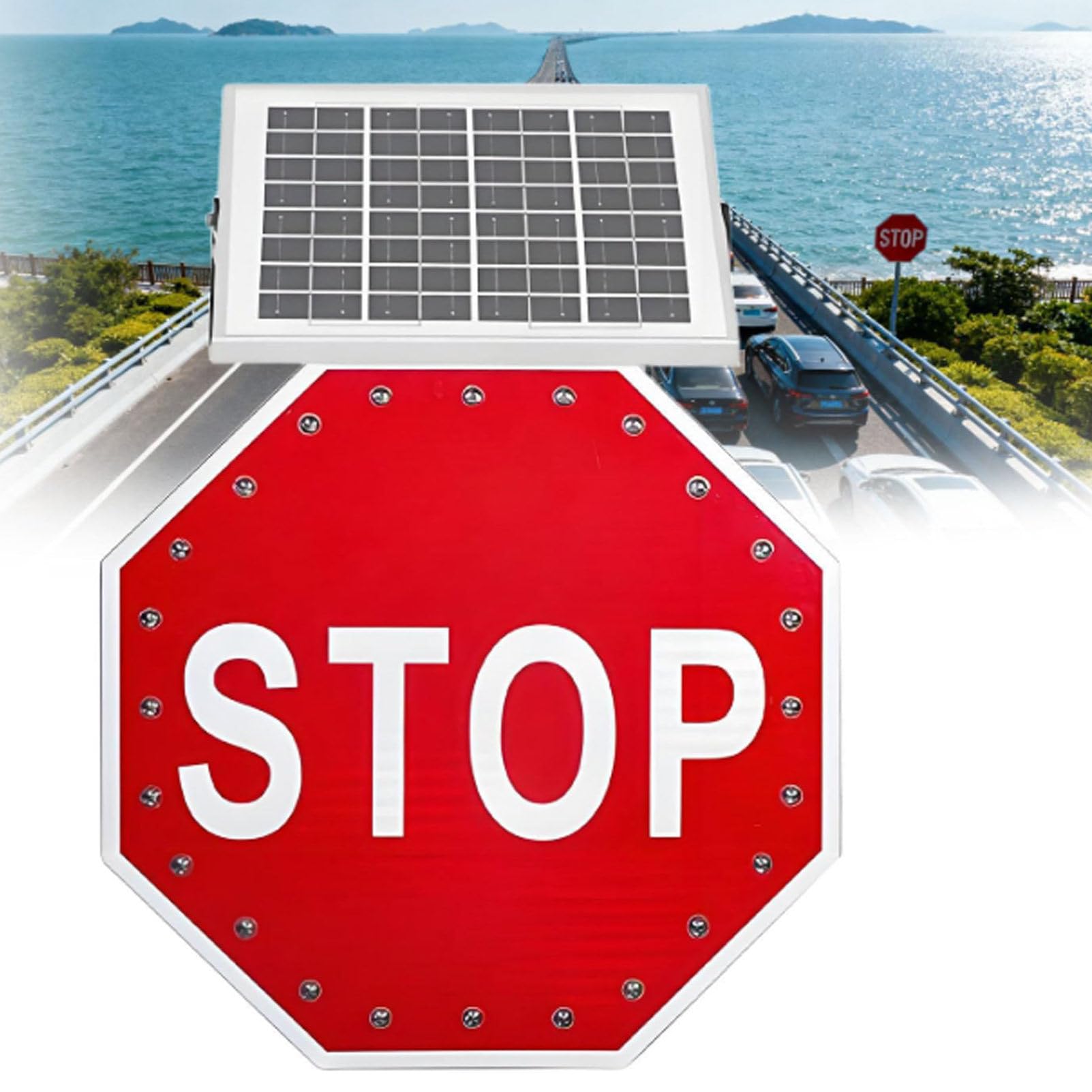 Señal de parada LED solar, señal de advertencia de tráfico parpadeante, señal de carretera iluminada de aluminio, IP65 impermeable