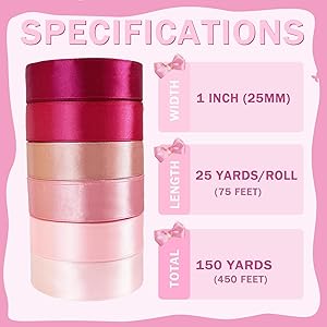 PURREITTI 150 Yards Pink Satin Ribbon 1 Inch 6 Rolls Assortment Ribbons for Crafts Gift Wrapping Flower Bouquet Wedding Invitations Birthday Party Festival Decoration Hair Bows