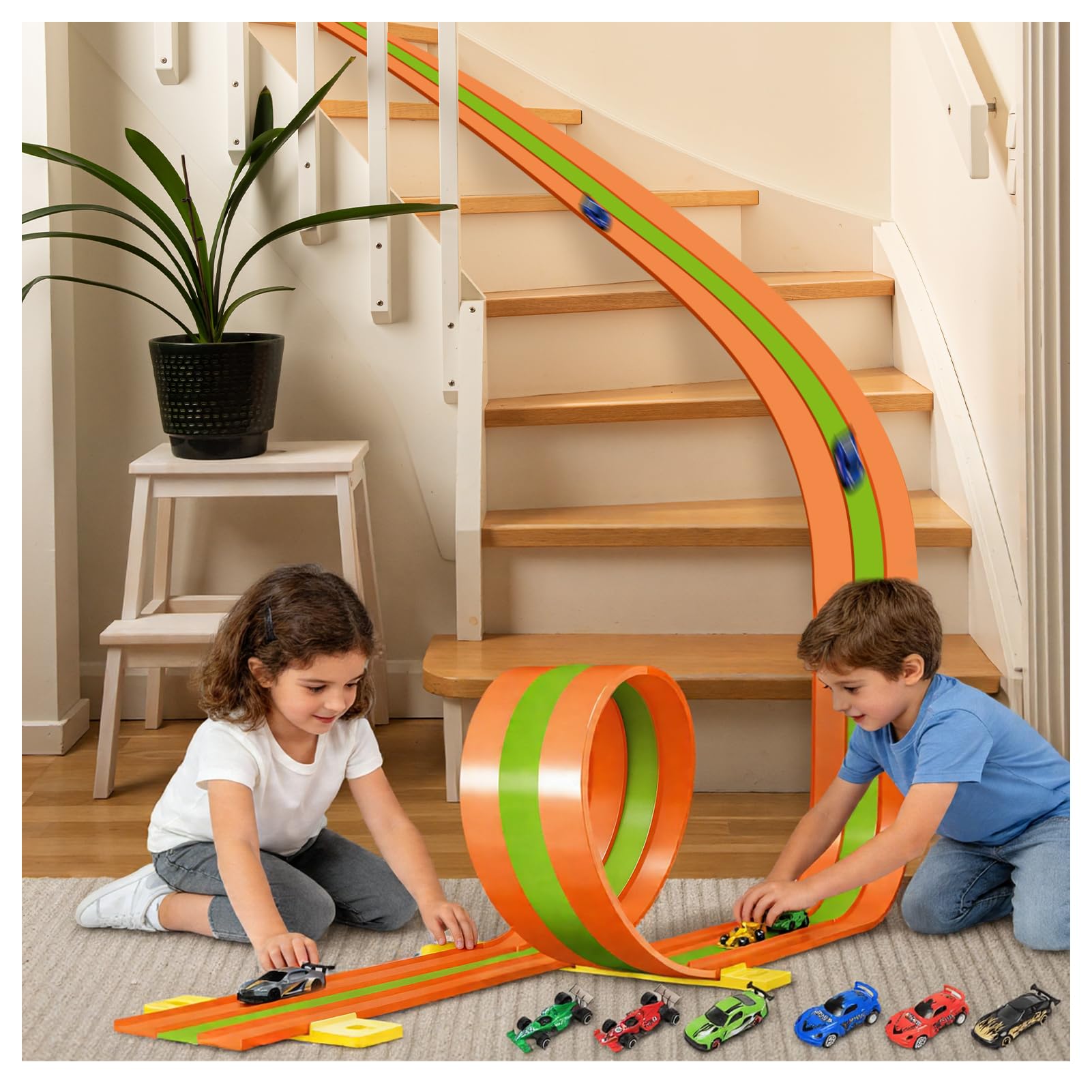 Car Racing Track for Children 5 m, Racing Track Car Toy with 6 Cars, Color box, Racing Track Children with Ramp Catapult, Portable Toy, Three-Track Car Racing Track from 3 Years