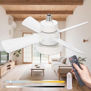 Socket Fan Light with Remote, Dimmable LED Ceiling Fan 3000K-6500K, 3 Speed Choices, E26 Base Mini Fan Light for Bedroom, Kitchen, Garage
