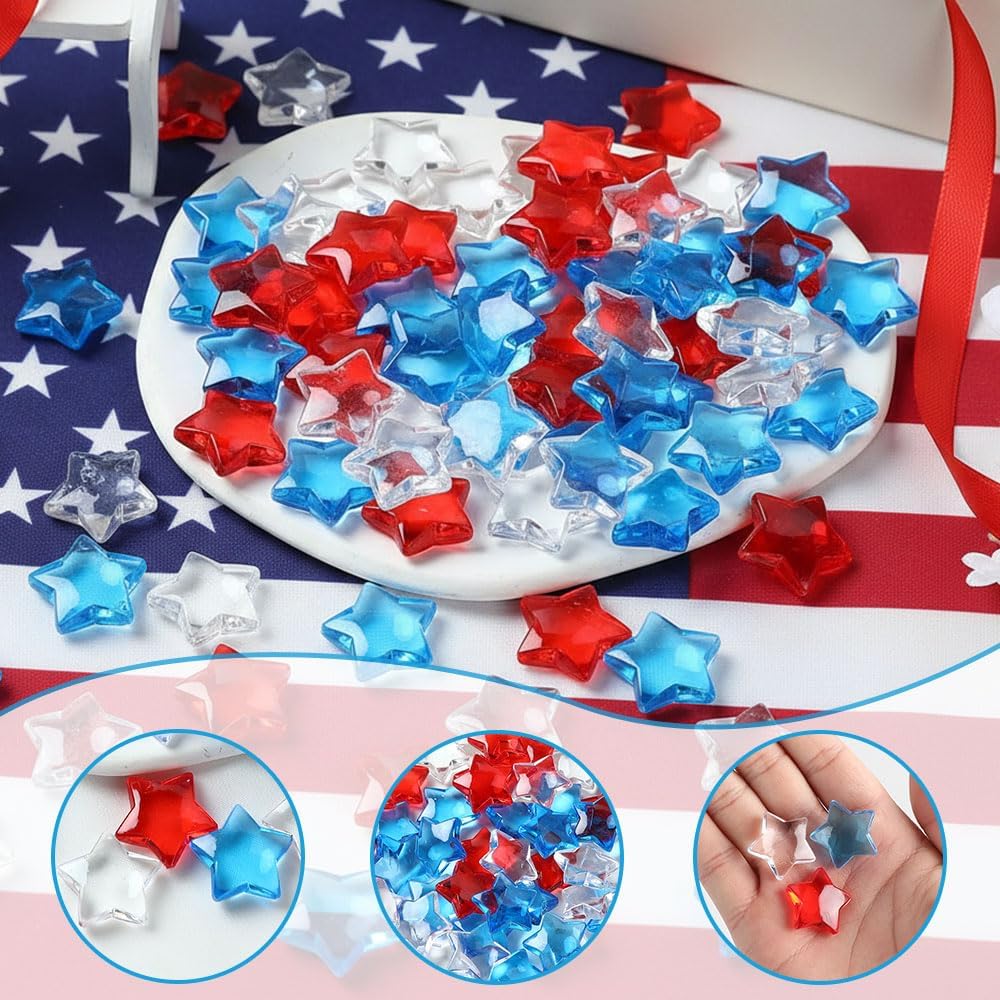 263 Pcs Patriotic Vase Filler Acrylic 4th of July Star Crystals Gems, Red Blue Transparent 3D Star Shaped Gems Table Scatter Decorations for Memorial Day Independence Day Party Arts Crafts