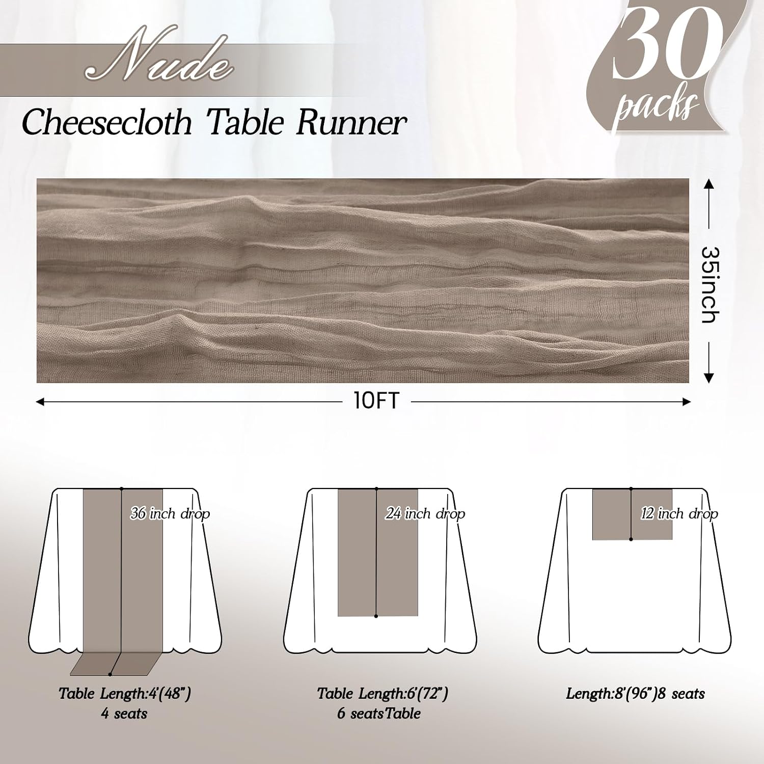 30Pack Nude Table Runner 10FT Cheesecloth 35x120inch Cheese Cloth Runners Rustic Boho Gauze for Party Wedding Birthday Dining Bridal Shower Baby Decor 30PCS-10FT