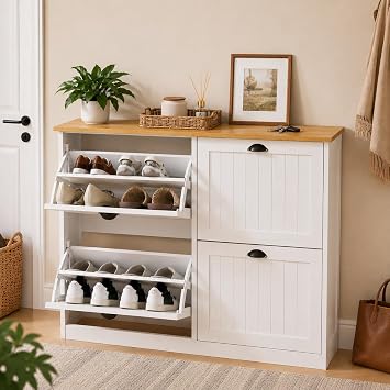 Shoe Storage Cabinet for Entryway, 16-24 Pairs Farmhouse Slim Shoe Cabinet with 4 Flip Drawers, Adjustable Shelves & Anti-Tipping Freestanding White Shoe Organizer for Small Space Hallway Apartment