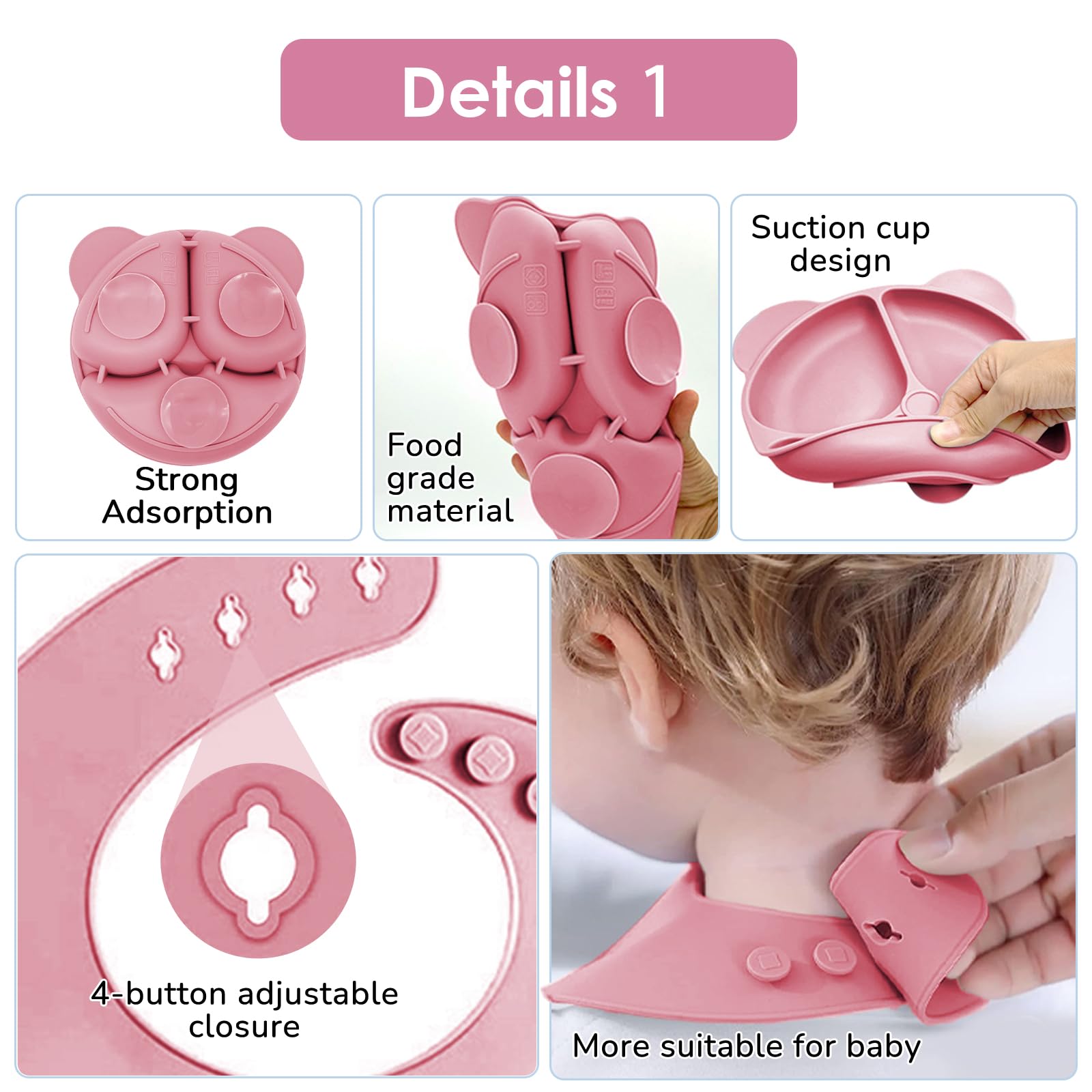 Set Pappa per Bambino, 14 Pezzi, Set Pappa Svezzamento per Bambini in Silicone, Senza BPA, Antiscivolo con Ventosa Piatto Cucchiai Ciotola Tazza Bavaglino (Rosa scuro)