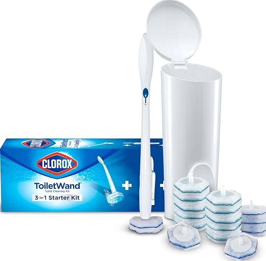 Clorox ToiletWand Disposable Toilet Cleaning Kit, Toilet Brush, Toilet and Bathroom Cleaning System with Storage Caddy and 16 Disinfecting ToiletWand Refill Heads (Package May Vary)