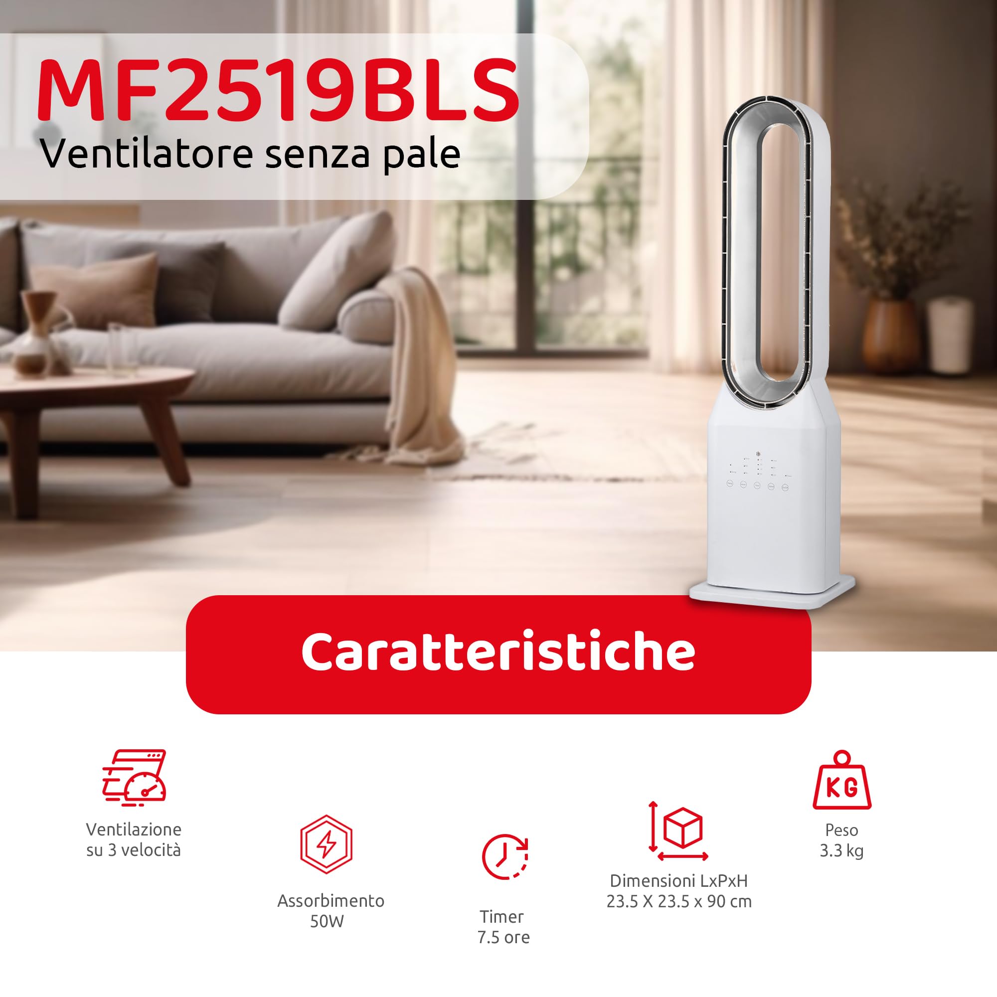 Melchioni Family MF2519BLS wentylator bezłopatkowy z 3 prędkościami, oscylacja, timer 7,5 h, pilot zdalnego sterowania, 50 W, 220-240 V, wysokość 90 cm, kompaktowa konstrukcja, cichy i wydajny