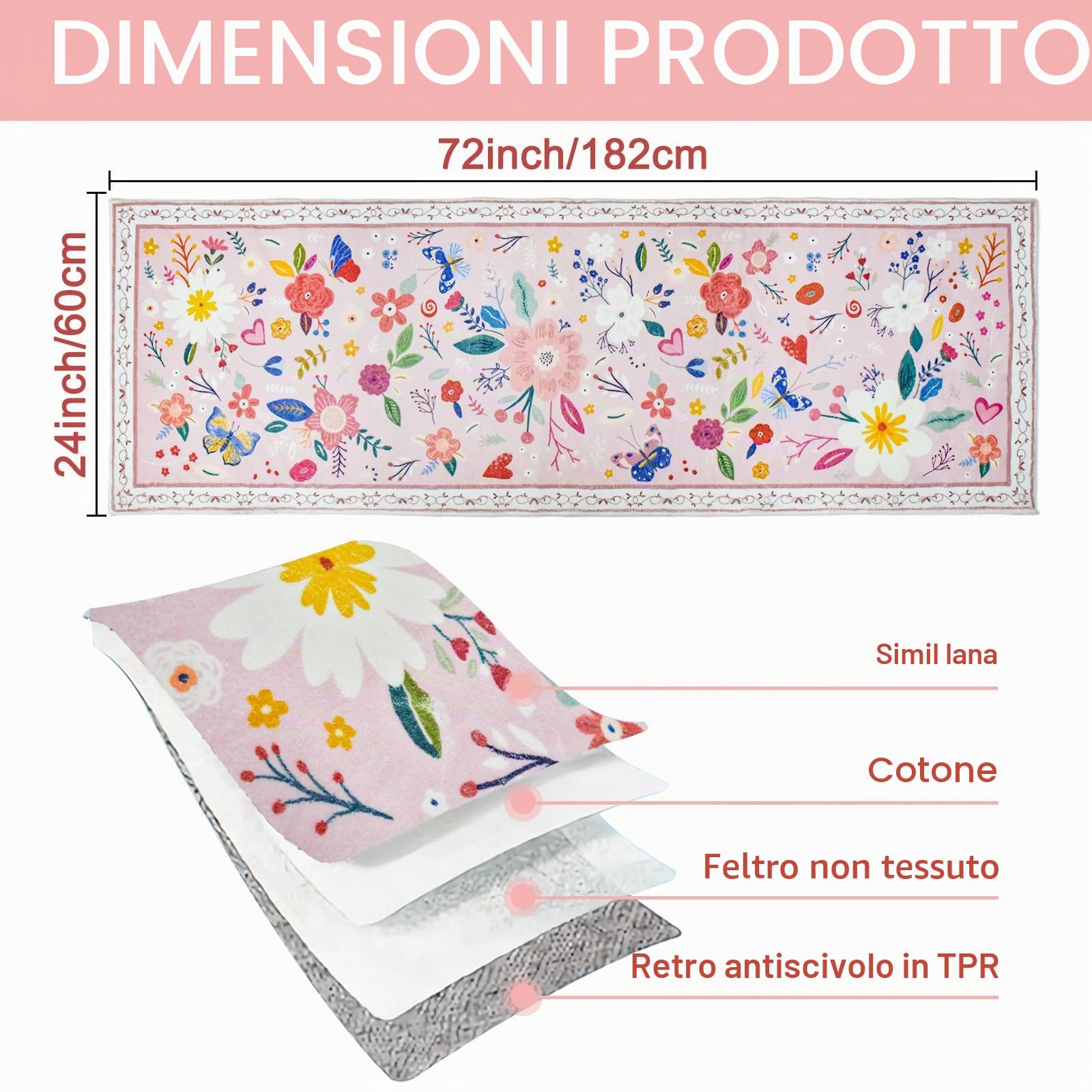 Avezano Tappeto runner per corridoio, antiscivolo, 60 x 182 cm, lavabile in lavatrice, per cucina, lavanderia, zona floreale, per corridoio, ingresso, cucina, lavanderia (rosa)
