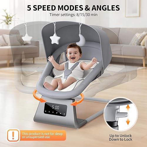 Miniatura 2 de Silla eléctrica del oscilación del bebé con pantalla digital, diseño moderno, blanco y gris