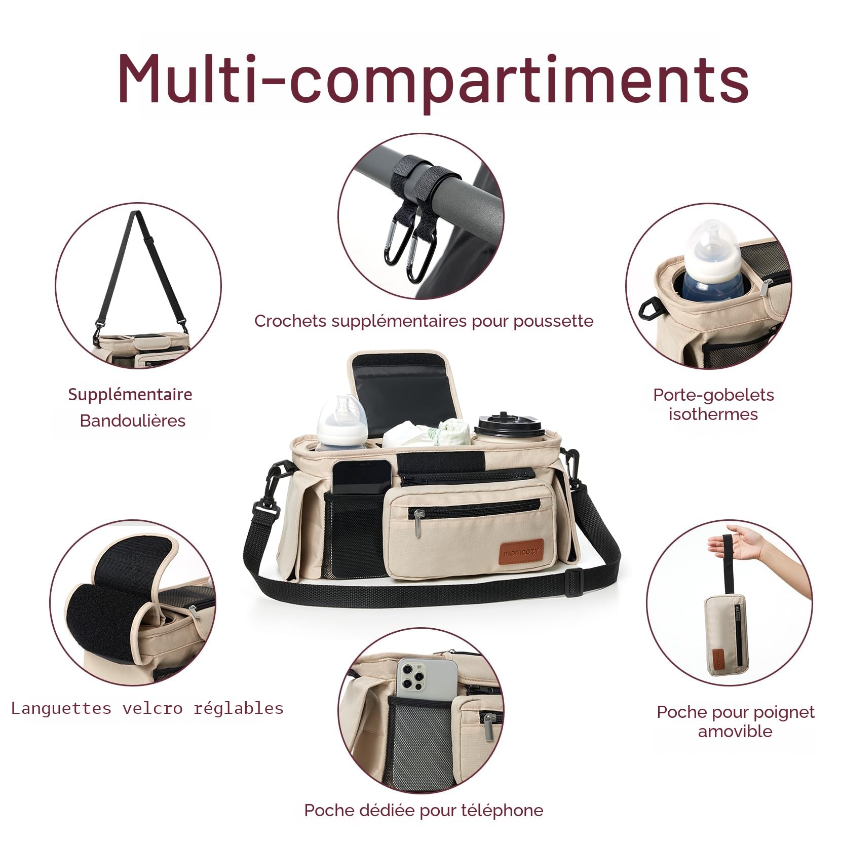 Organisateur de poussette universel avec porte-gobelet isolé, Momcozy Sac pour poussette Accessoires pour bébé avec poche zippée, bandoulière et espace de rangement pour couches&téléphones portables