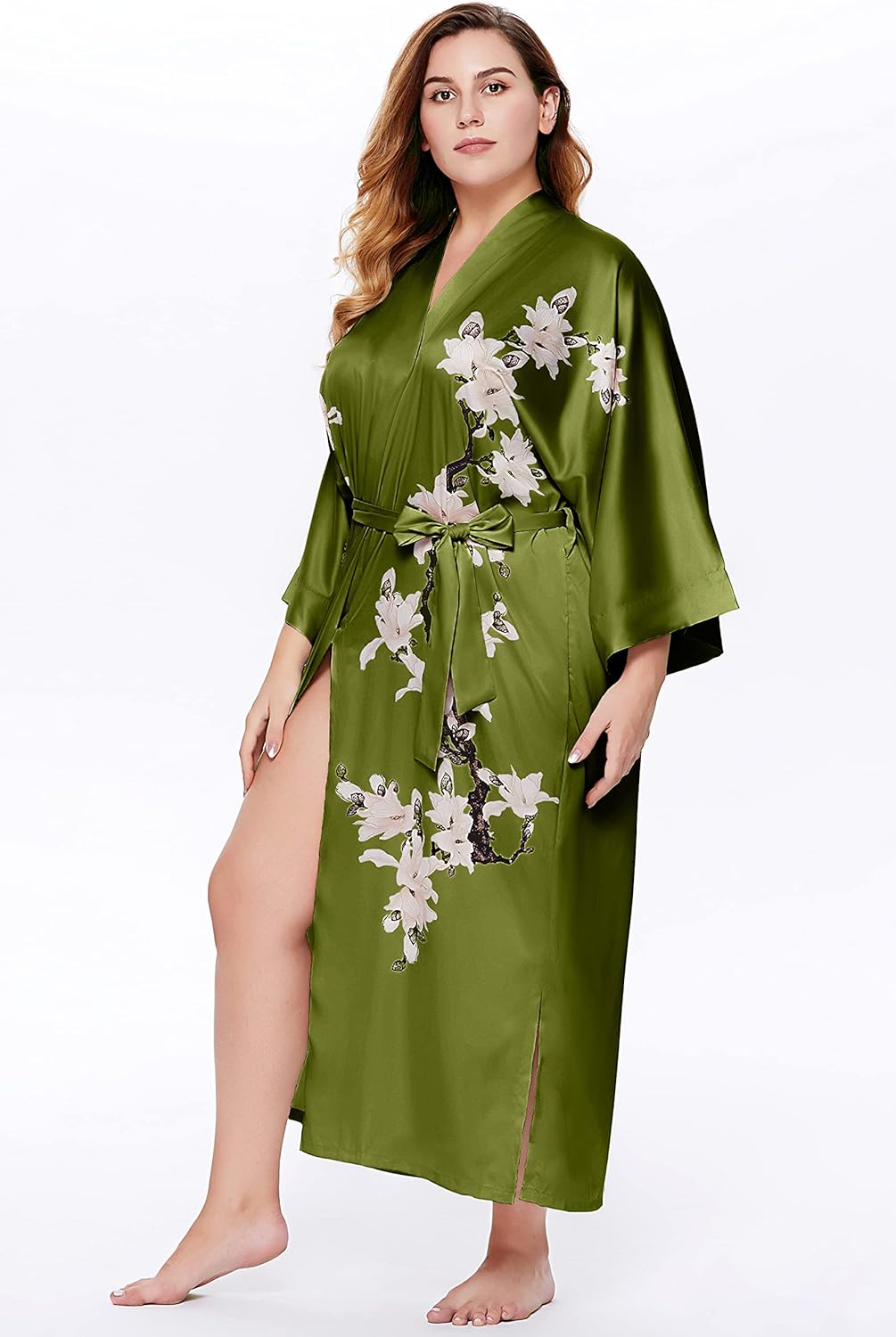BABEYOND Plus Size Long Kimono Robe Floral Satin Robes Silky Kimono Cover Up Loose Cardigan Top Bachelorette Party Robe - Image 2