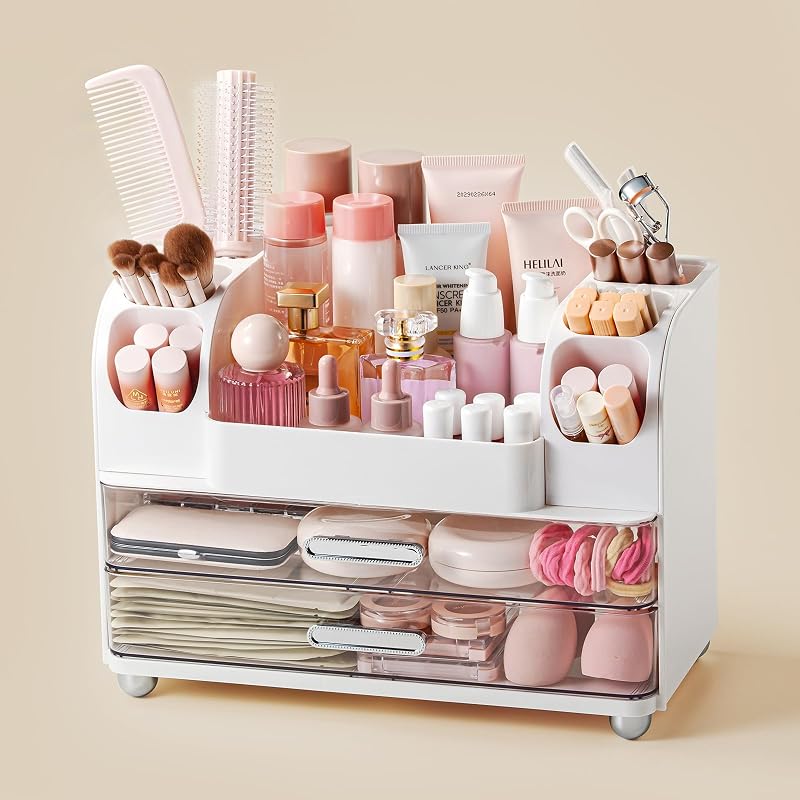 Organizador de maquiagem OVGJD com 2 suportes para pincéis e 2 gavetas, branco