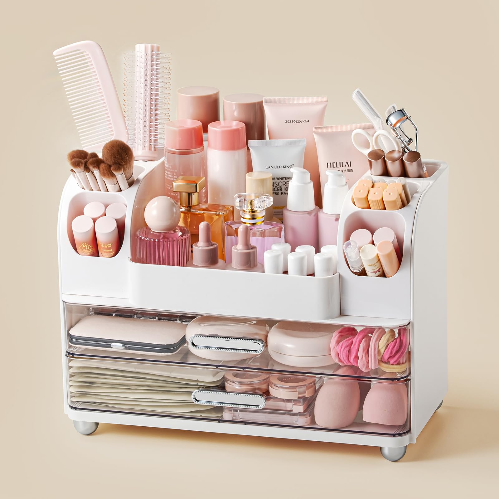Makeup Organizer with 2 Brush Holders & 2 Drawers, Vanity Organizer | Make up Organizers for Vanity, Bathroom Counter Organizer, Makeup Storage Organizer, For SkinCares,Lipsticks,Perfumes(White)