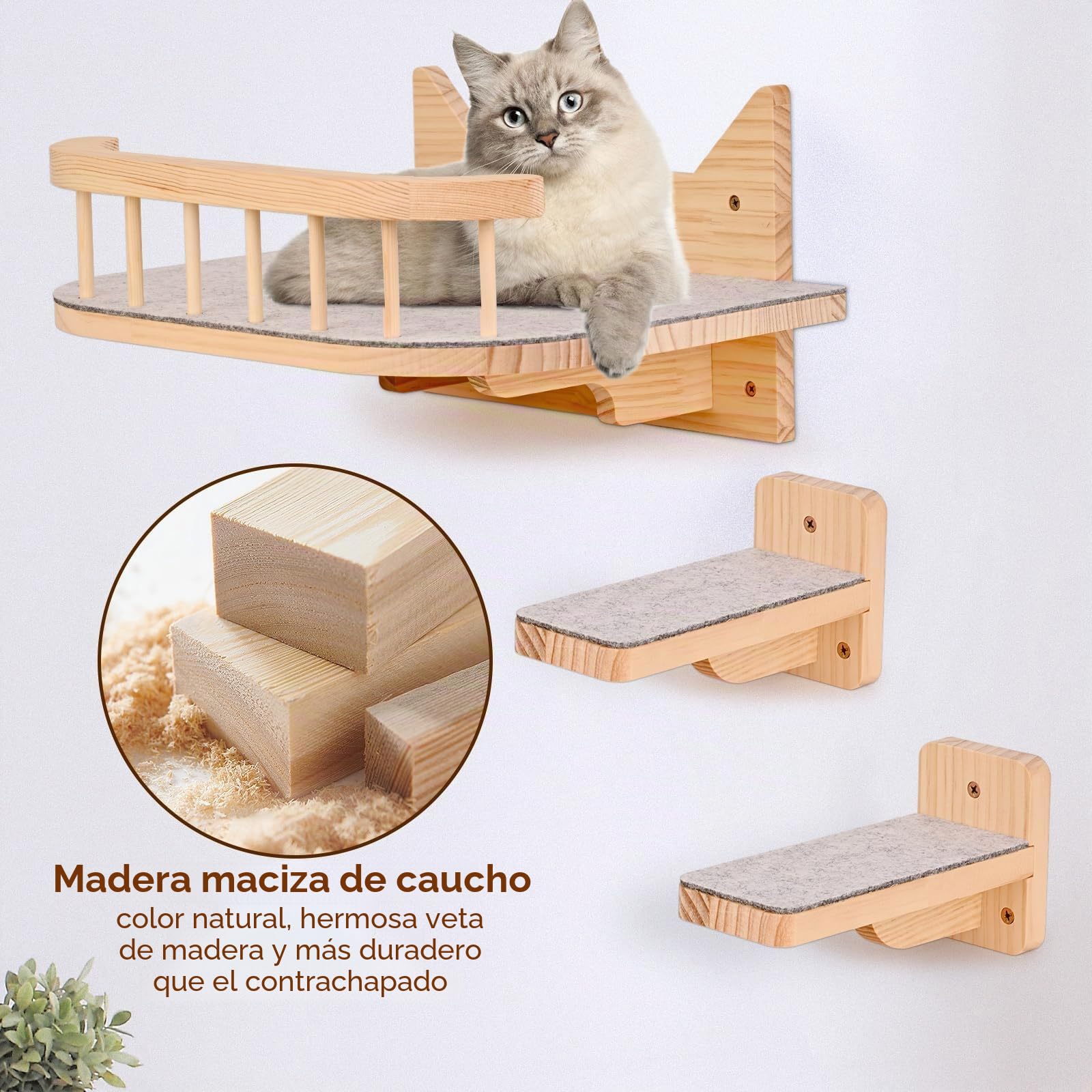 Estantería de Pared para Gatos Con Hamaca y 3 Pasos - Mueble Con Cojín Gris, Estantes y Perchas - Árbol Rascador para Escalar