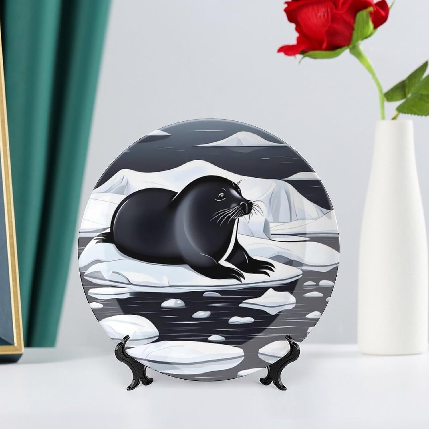 Seals on Ice Bone China Decorative Plate with Display Stand, Ceramic Ornaments Plate for Wall Hanging, Personalized Porcelain Plates for Office, Living Room 8inch