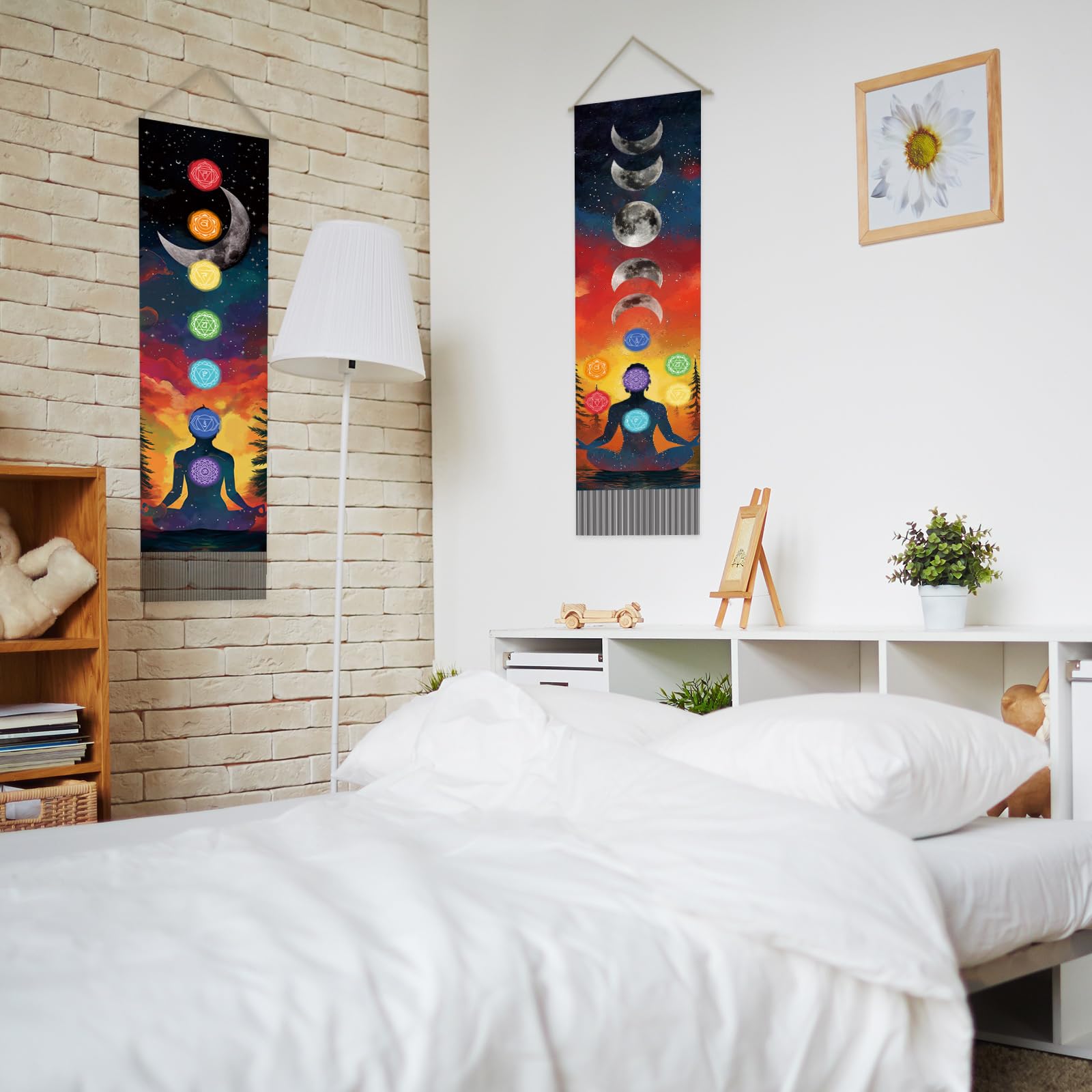 SUPERDANT Arazzo Dei Sette Chakra Meditazione Tappezzeria Da Parete Fasi Lunari Decorazione 2 Tappeti Lunghi Con Frange Per Soggiorno Camera Da Letto Yoga 130x33 cm