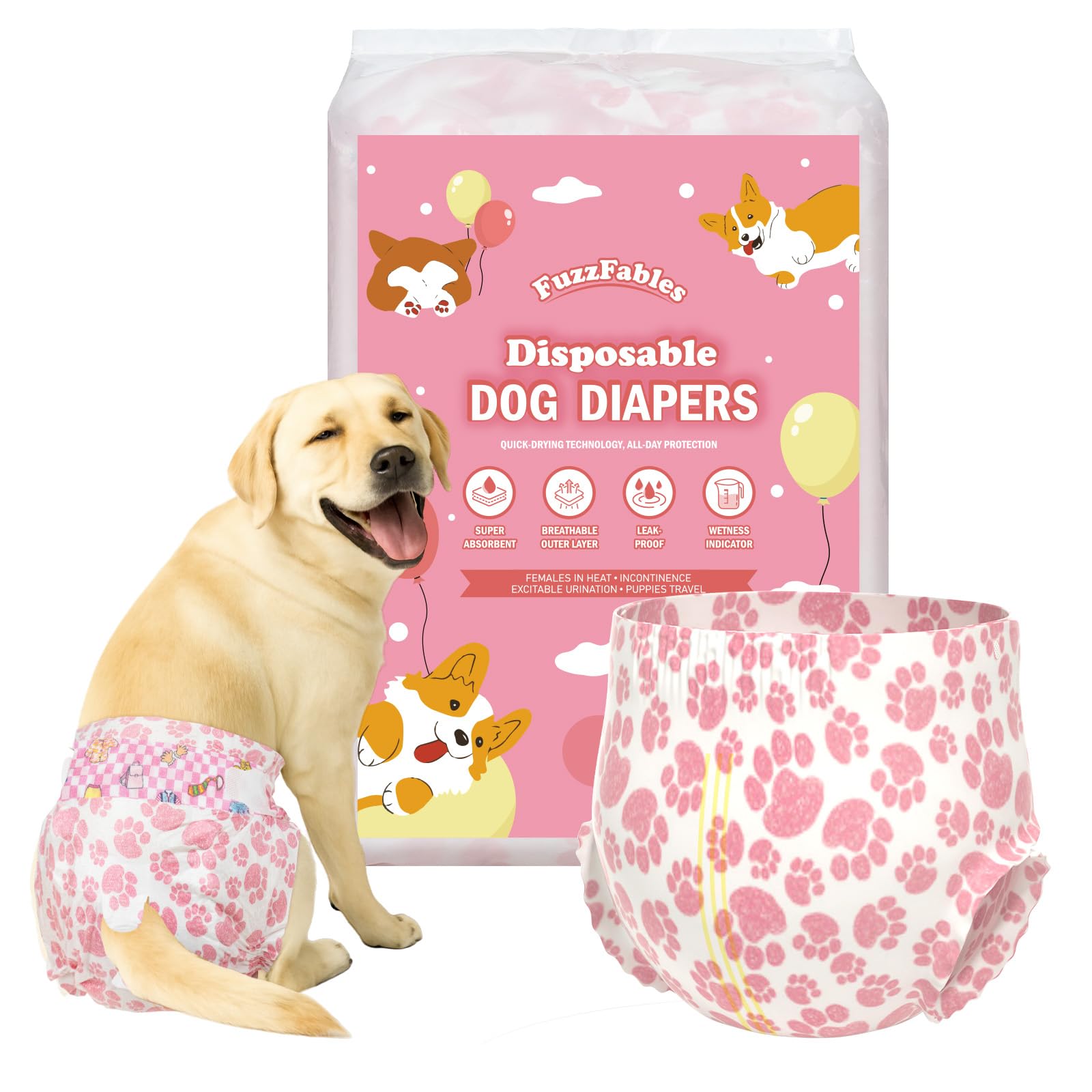 FuzzFables Dog Nappies for Female Dogs, Pack of 40, Breathable Disposable Nappies with Moisture Indicator, Higher Back Coverage, Absorbent and Leakproof, Dog Pants for Heat S