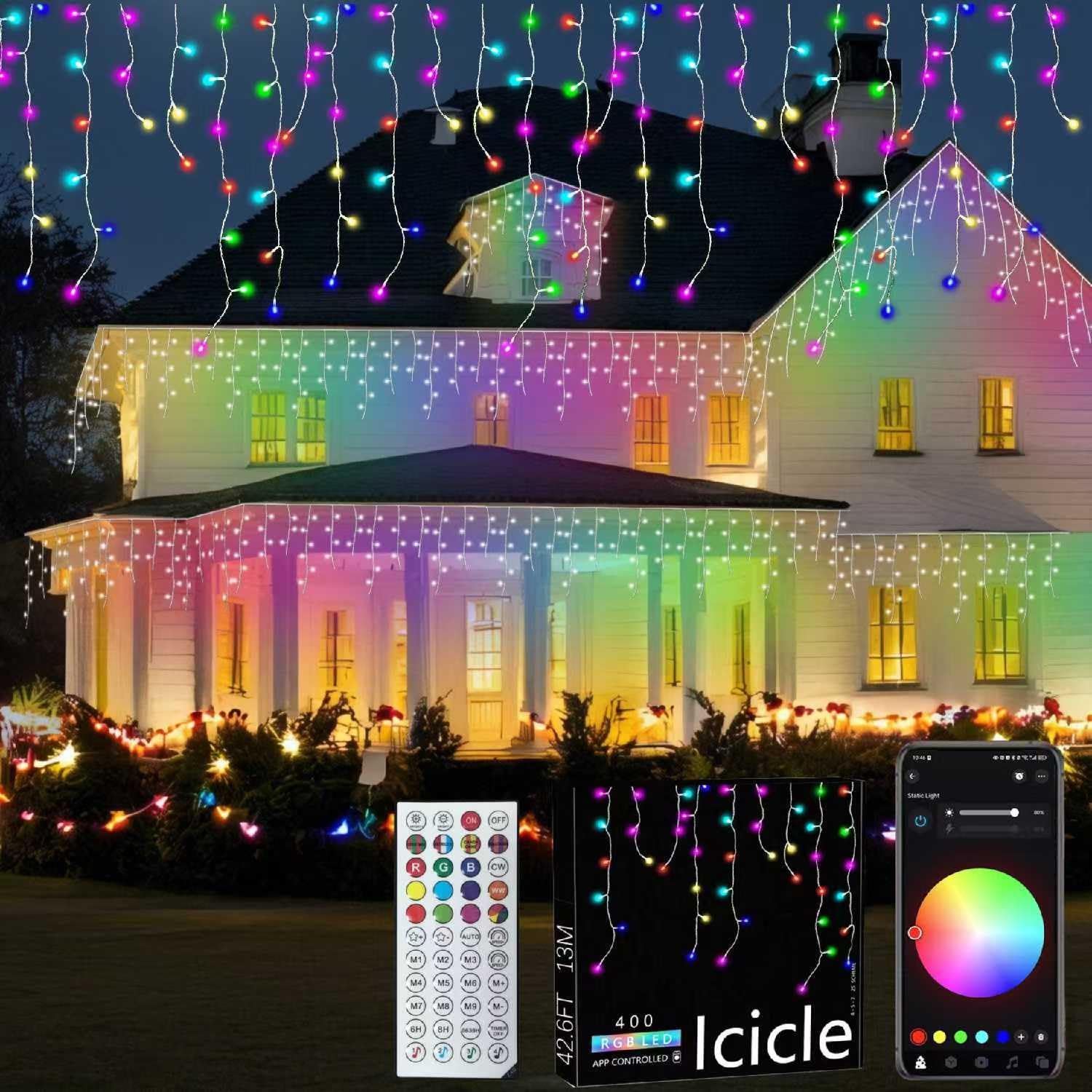 QINER Icicle Lights Rideau, 13 M Inteligentes Guirnalda luminosa exterior, 400 LEDs deco noel exterior, 16 millones guirnalda exterior con 40 modos, decoración de boda, Halloween, Navidad.