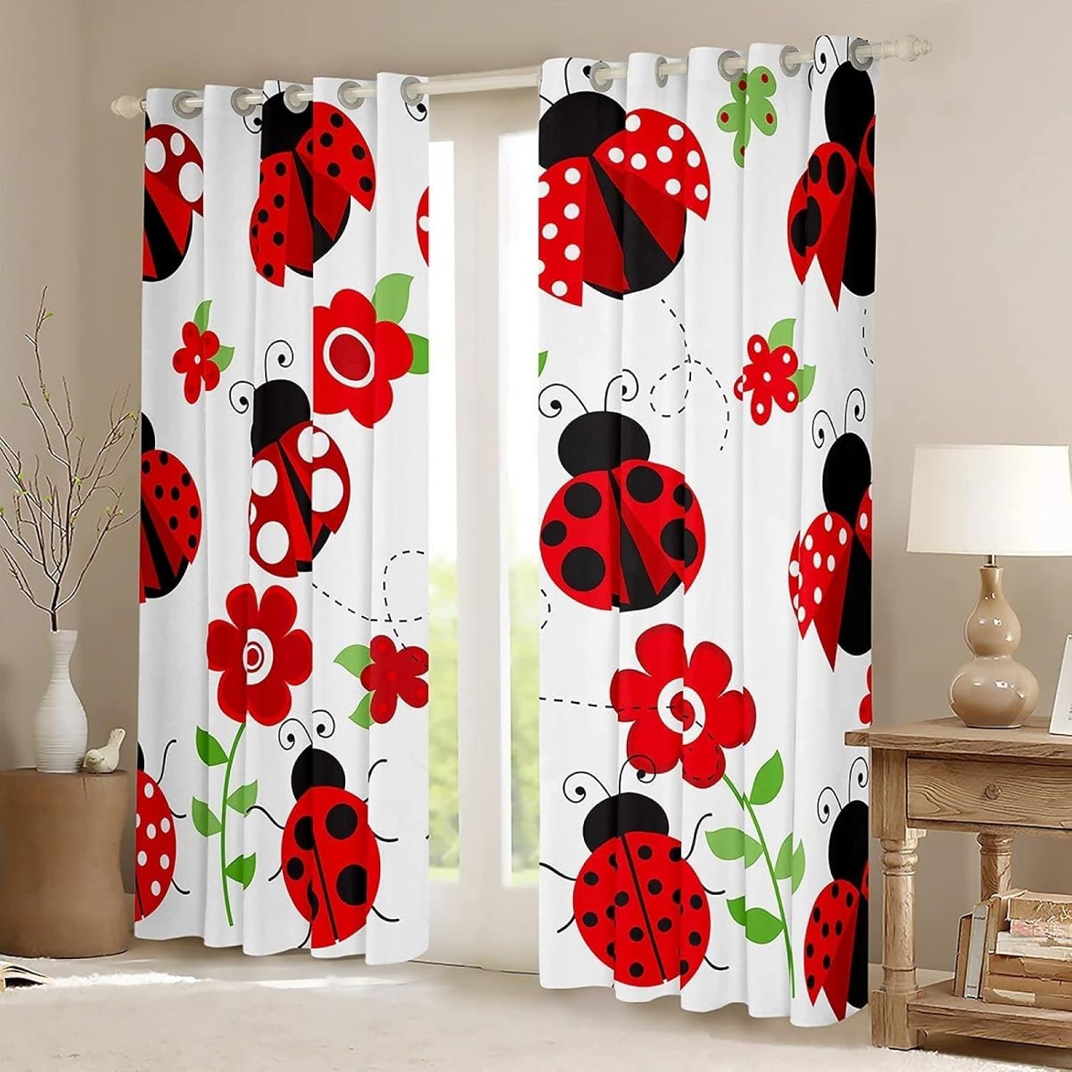 Ladybug Bug Kids Blackout Curtains, Red Floral and Animal Window Treatment Set, Grommet Curtains for Living Room/Bedroom, Heat Insulation Noise Reduction Drapes (63" W x 72" L)