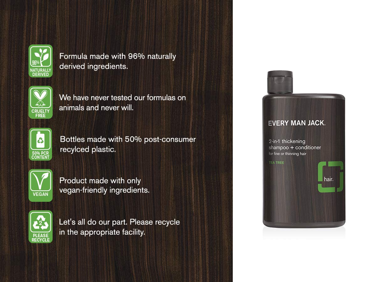 Every Man Jack 2-in-1 Daily Shampoo + Conditioner - Thickening Tea Tree | 13-ounce Twin Pack - 2 Bottles Included | Naturally Derived, Parabens-free, Pthalate-free, Dye-free, and Certified Cruelty Free