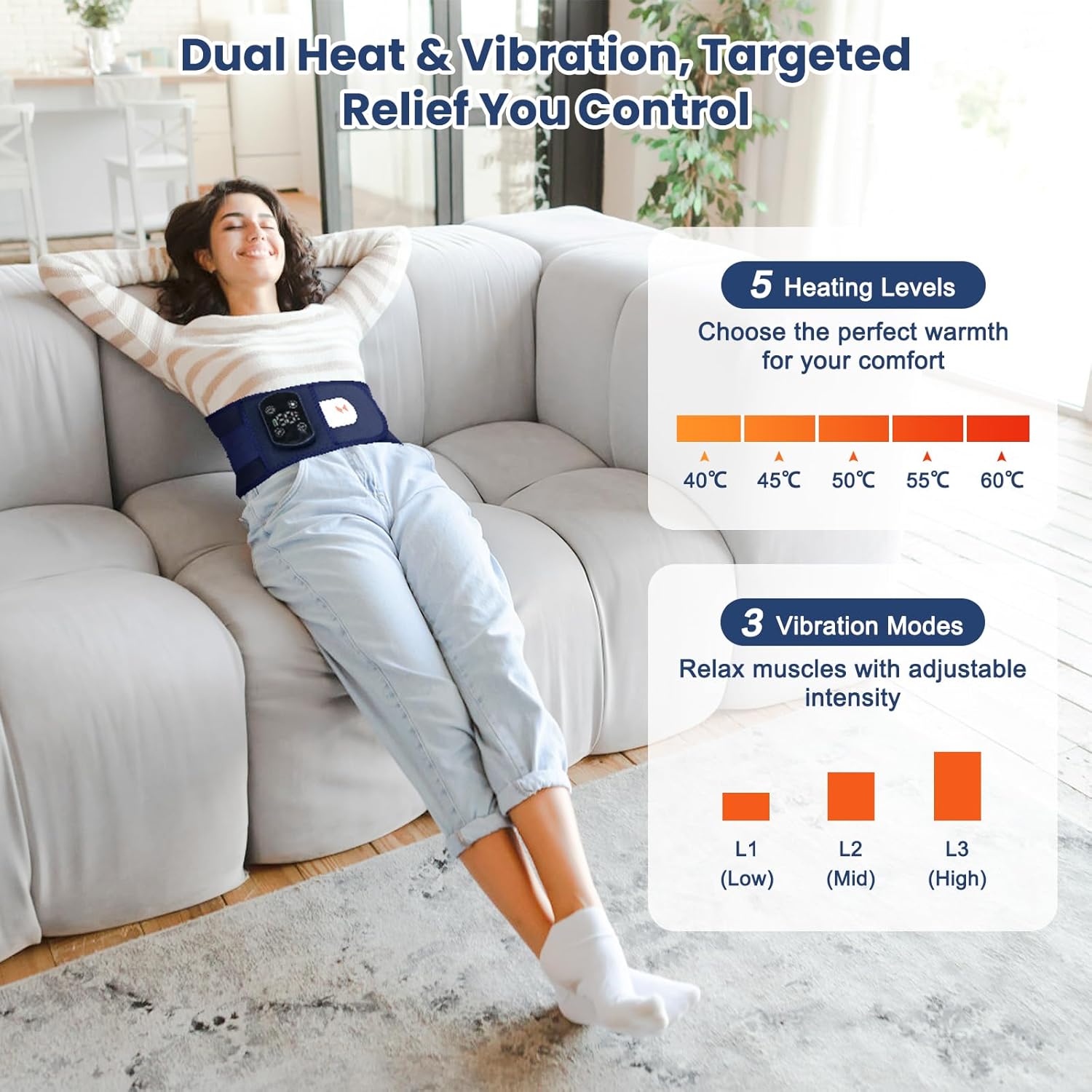 Cordless Heating Pad for Back Pain Relief,40" Rechargeable Lumbar Massager with Heat, Adjustable Vibration & Heating Belt for Waist, Abdomen, Muscle Relaxation - Portable and Comfortable (Dark Blue) - Image 6