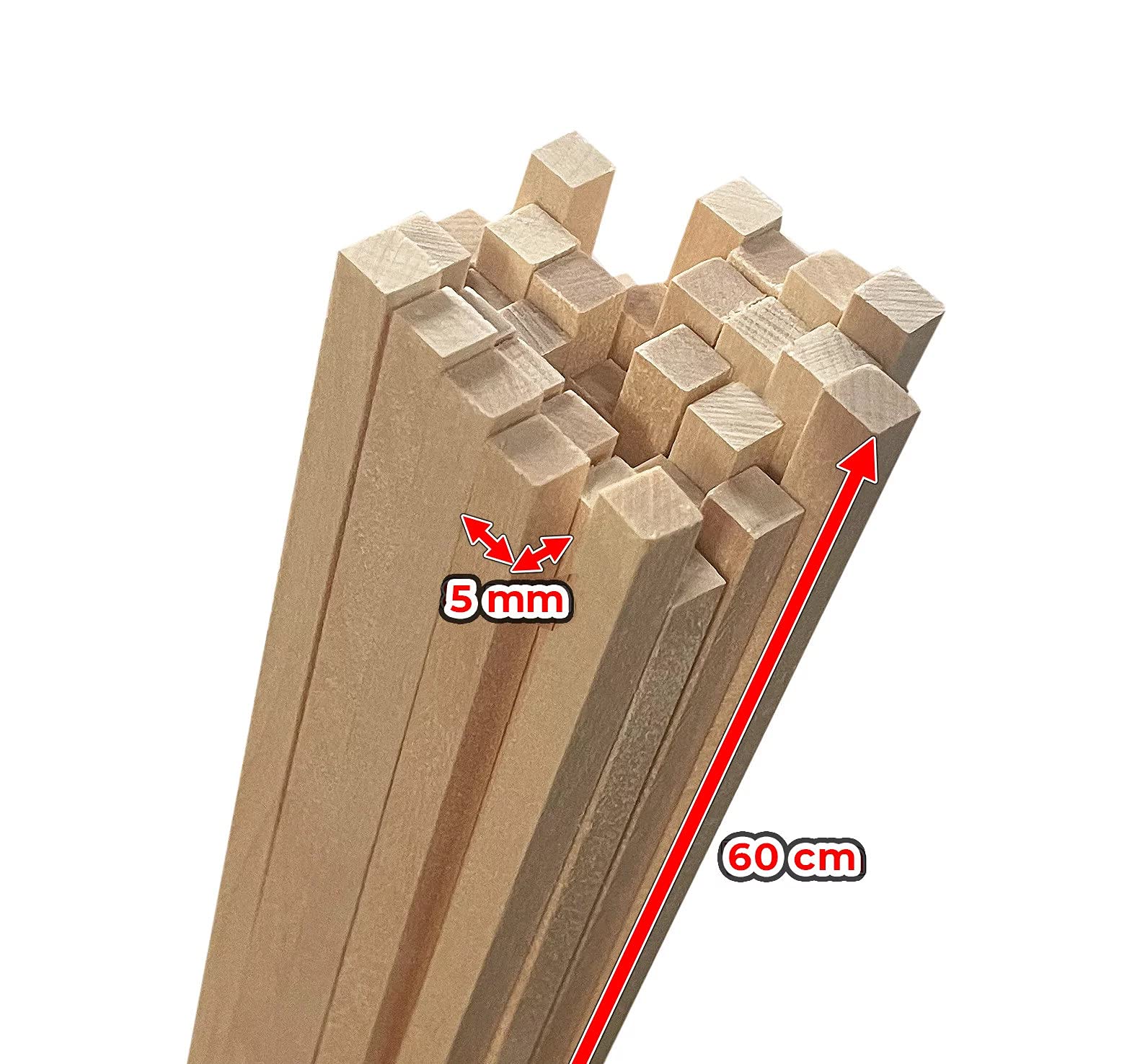 Lot de 50 bâtonnets en bois (carrés, 5x5 mm, longueur 60 cm, bois de bouleau)