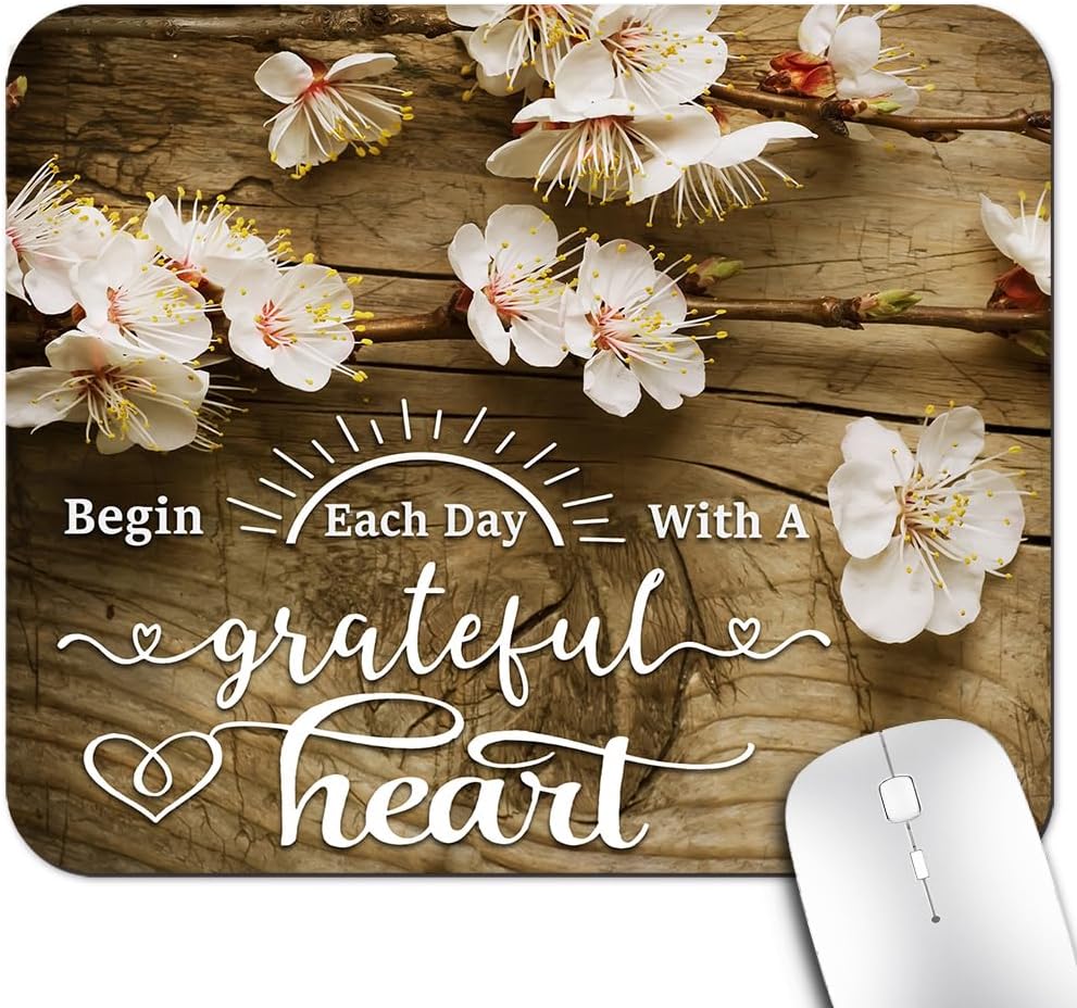 Plum Blossoms Mouse Pad, Begin Each Day with A Grateful Heart Desk Mat