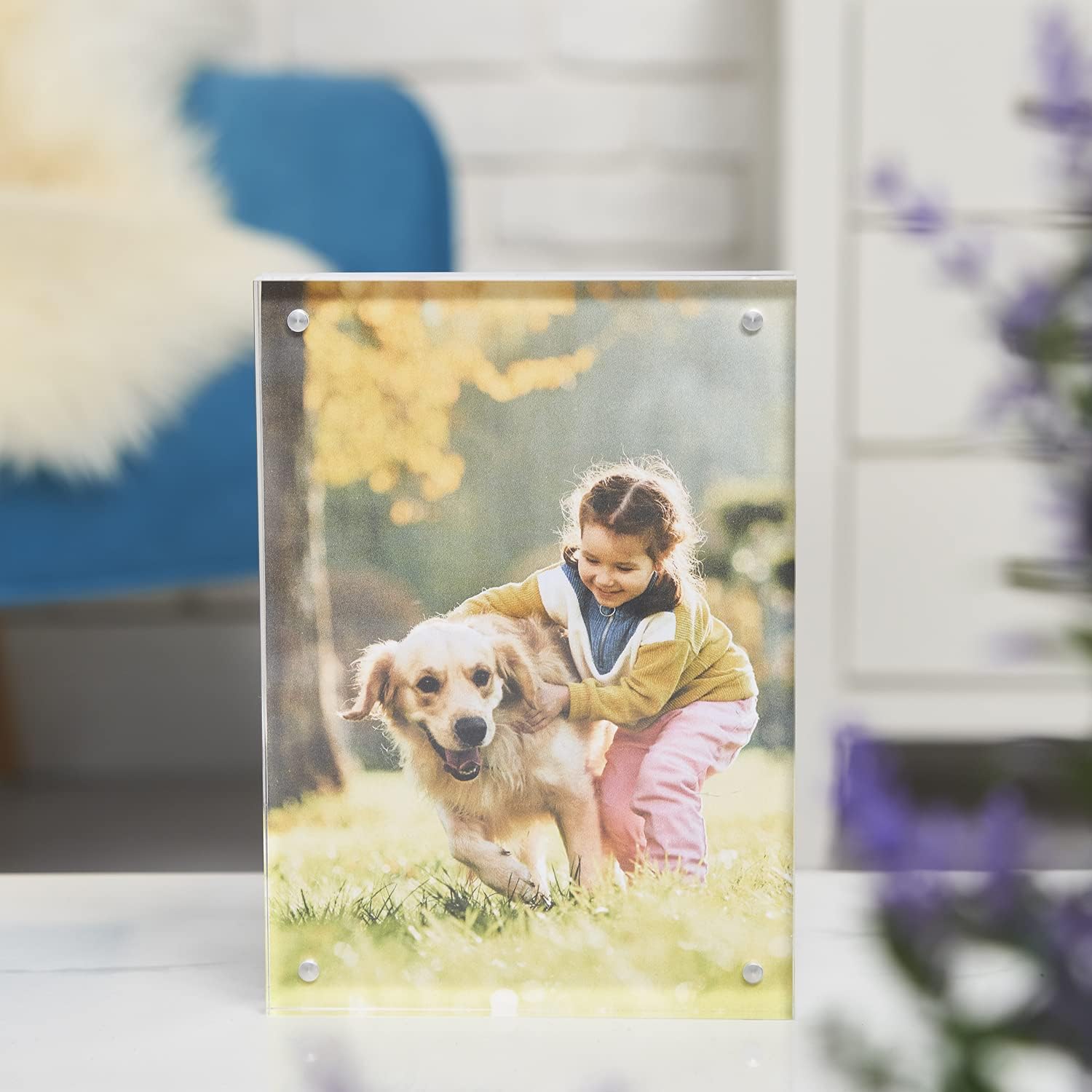 Scribble Acrylic Photo Block 5 x 7 Frame. Clear Free-Standing Desktop Double Sided Magnetic Picture Display.