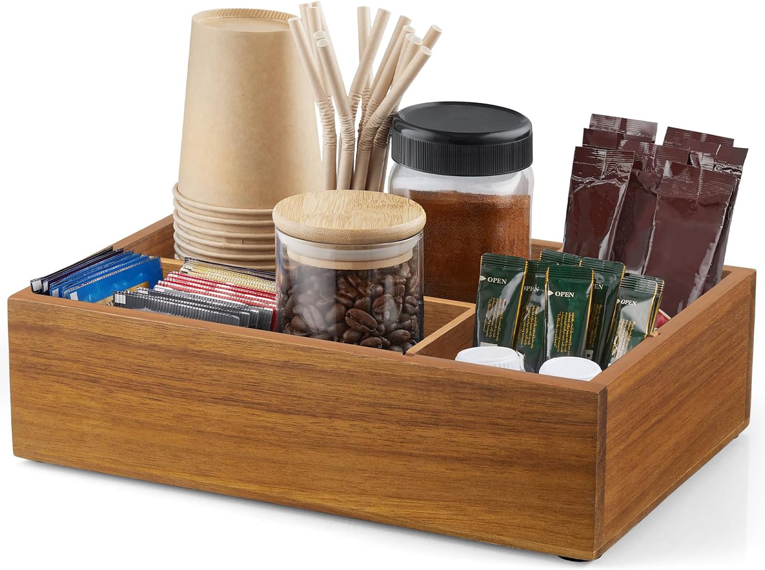 ALELION Acacia Wood Coffee Station Organizer - Wooden Coffee Bar Accessories Organizer with Removable Dividers for Pods Condiment Syrup Tea Cups Stirrers - for Farmhouse Coutertop Decor