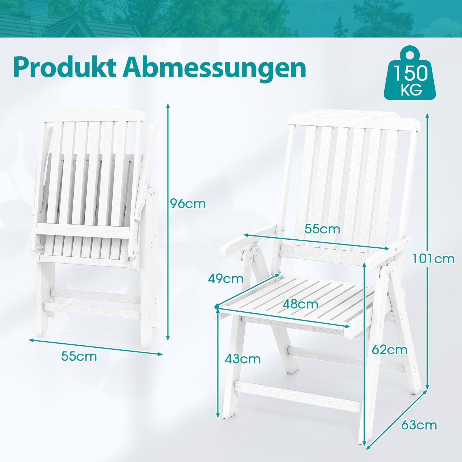FANTASK Sedia da balcone in plastica effetto legno pieghevole 150 kg bianco