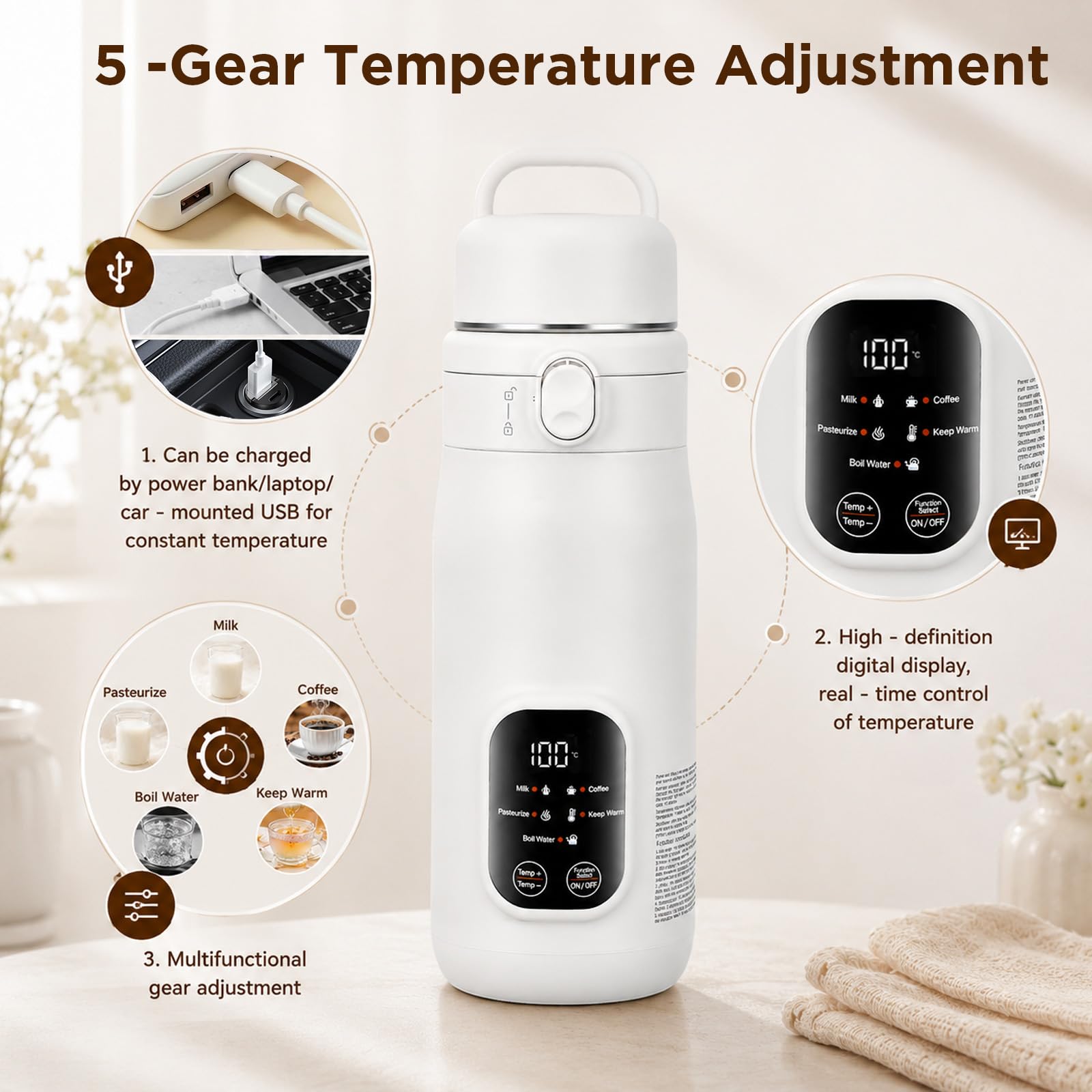 Bouilloire électrique portable 500 ml, 3 types d'alimentation de voiture/USB/prise européenne, 5 réglages de température